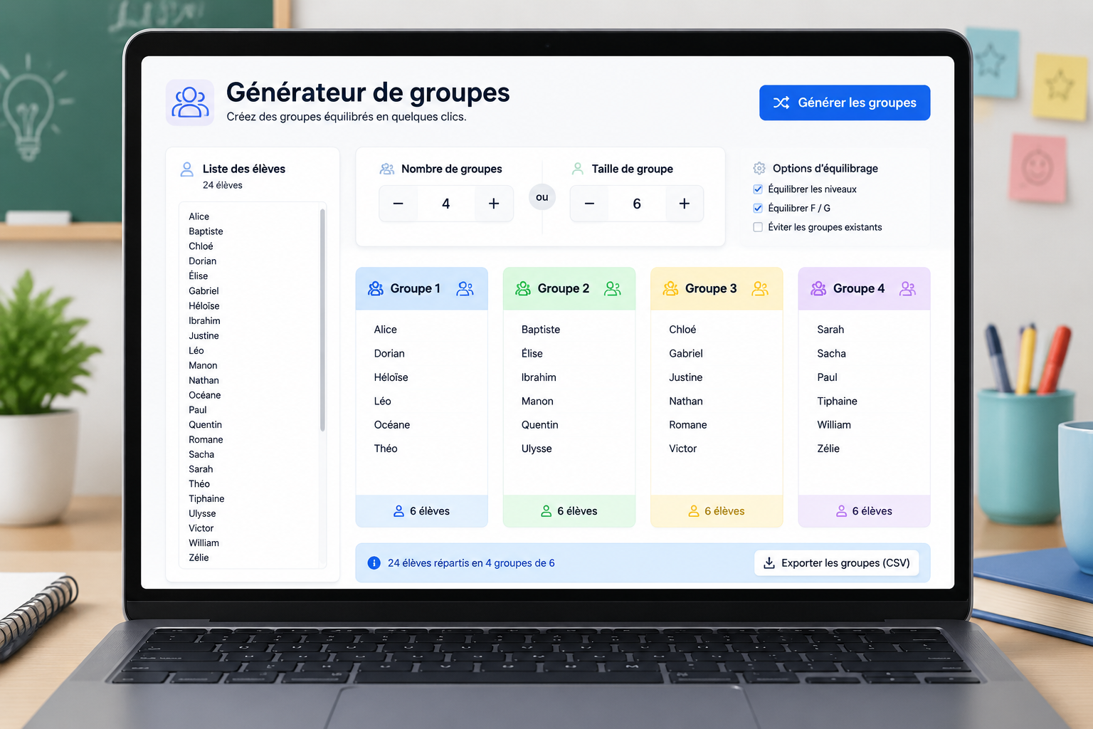 Interface simplifiée d’un outil de génération de groupes sur un écran d’ordinateur portable, avec des noms d’élèves listés à gauche et quatre colonnes de groupes colorés à droite. Le style est épuré et pédagogique.