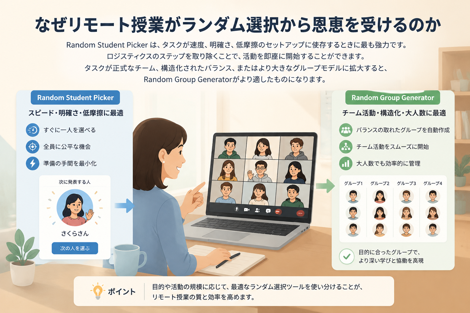 editorial article hero illustration about なぜリモート授業がランダム選択から恩恵を受けるのか. Section context: Random Student Picker は、タスクが速度、明確さ、低摩擦のセットアップに依存するときに最も強力です。ロジスティクスのステップを取り除くことで、活動を即座に開始することができます。 タスクが正式なチーム、構造化されたバランス、またはより大きなグループモデルに拡大すると、Random Group Generatorがより適したもの