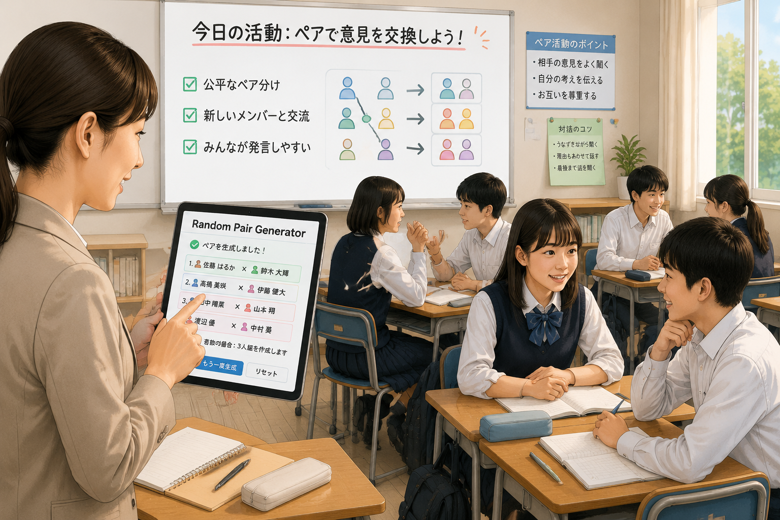 教師がタブレットでランダムペアジェネレーターを操作し、生徒が二人一組で話し合う明るい教室