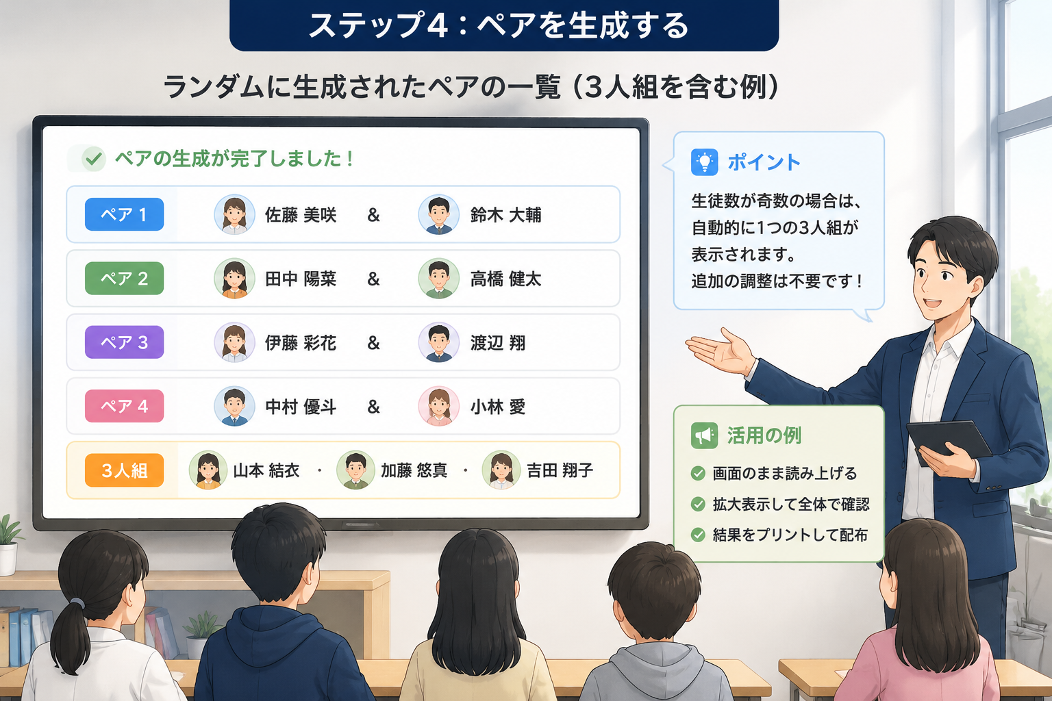 生成されたペアの一覧が表示された画面、3人組を含む例