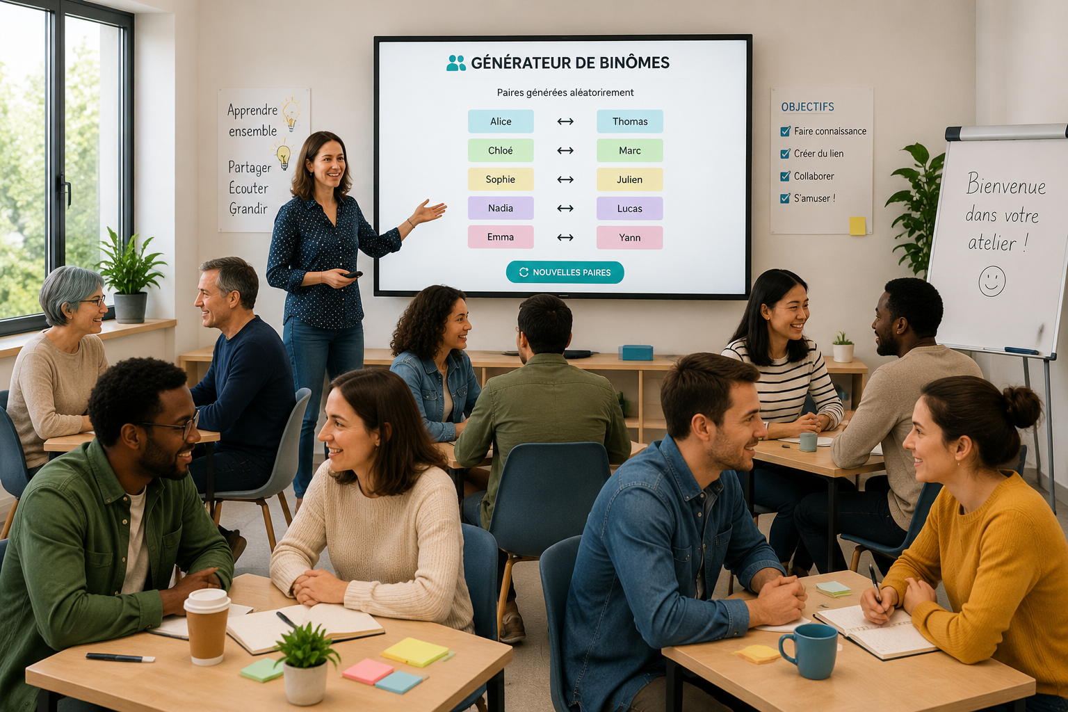Illustration d’un atelier en salle avec des participants répartis en binômes, un écran affiche le générateur de paires, ambiance lumineuse et collaborative