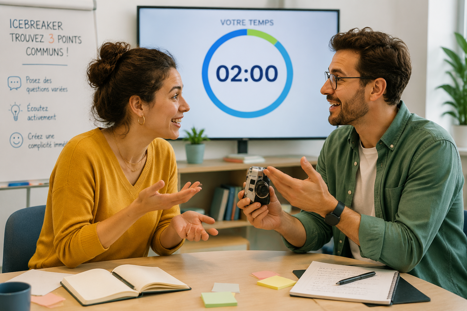 Deux apprenants adultes discutent avec animation, l’un montre un objet, un minuteur est visible en arrière-plan, ambiance lumineuse et bienveillante