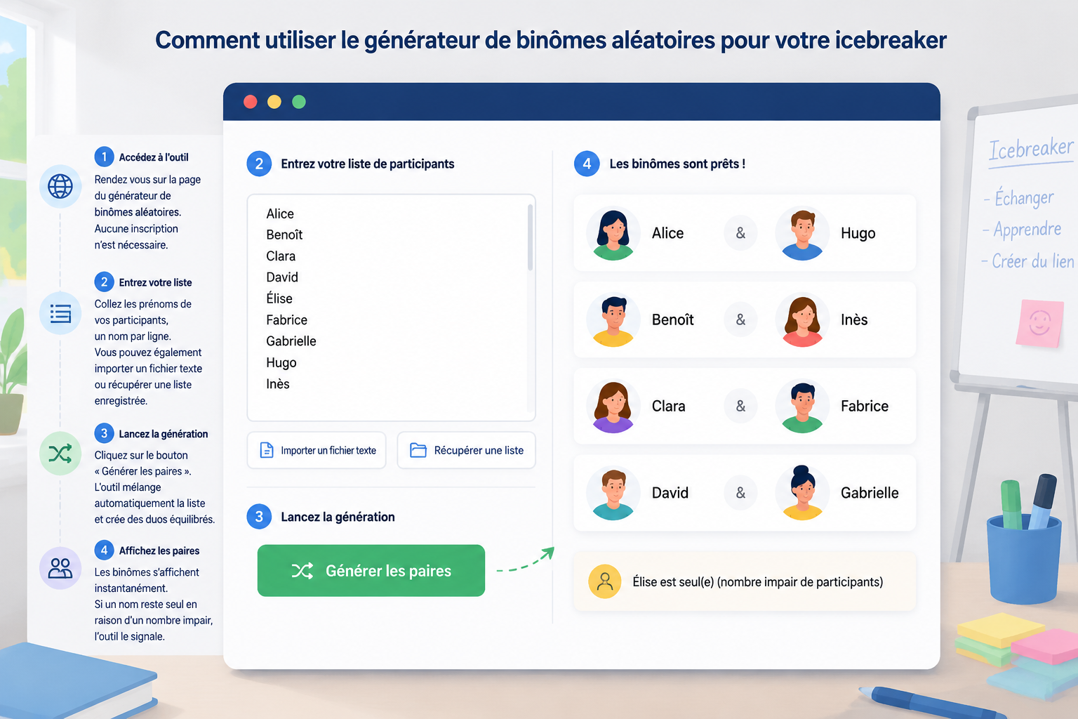 Représentation épurée de l’interface du générateur de binômes, avec une liste de noms à gauche et les paires affichées à droite, dans un style d’illustration technique simple