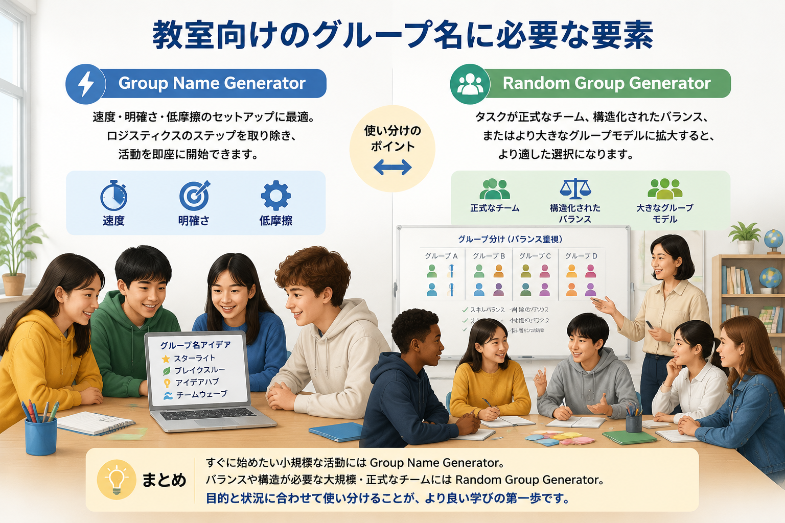 editorial article hero illustration about 教室向けのグループ名に必要な要素. Section context: Group Name Generator は、タスクが速度、明確さ、低摩擦のセットアップに依存するときに最も強力です。ロジスティクスのステップを取り除くことで、活動を即座に開始することができます。 タスクが正式なチーム、構造化されたバランス、またはより大きなグループモデルに拡大すると、Random Group Generatorがより適したものになります。, lo