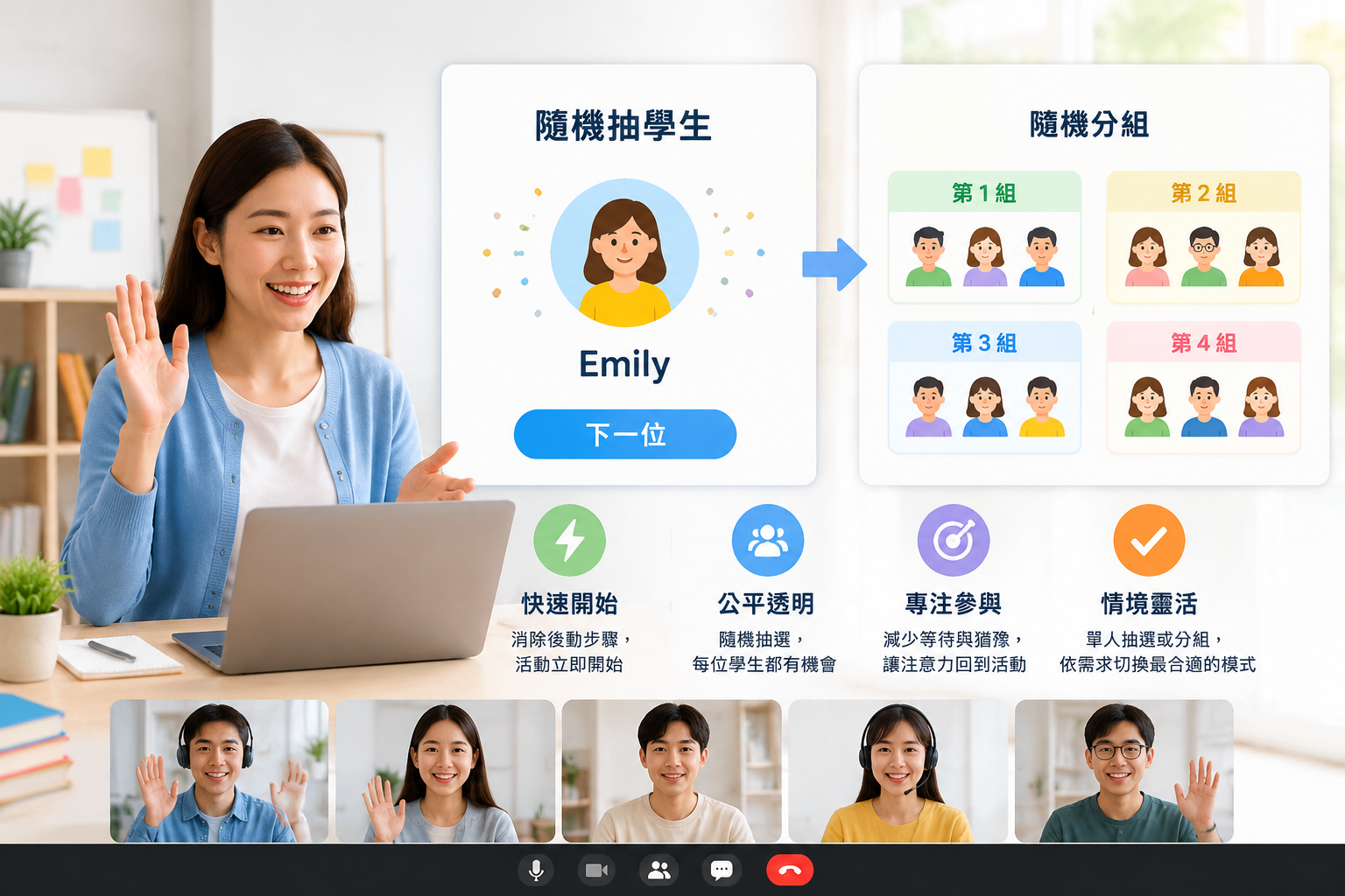 editorial article hero illustration about 為何遠端教學從隨機抽選中受益. Section context: Random Student Picker 在任務依賴於速度、清晰度和低摩擦設置時最強大。它消除了後勤步驟,使活動可以立即開始。 一旦任務擴展到正式團隊、結構化平衡或更大的分組模型,Random Group Generator 就成為更合適的選擇。, locale zh-tw, soft light, minimal text, clear subject, web