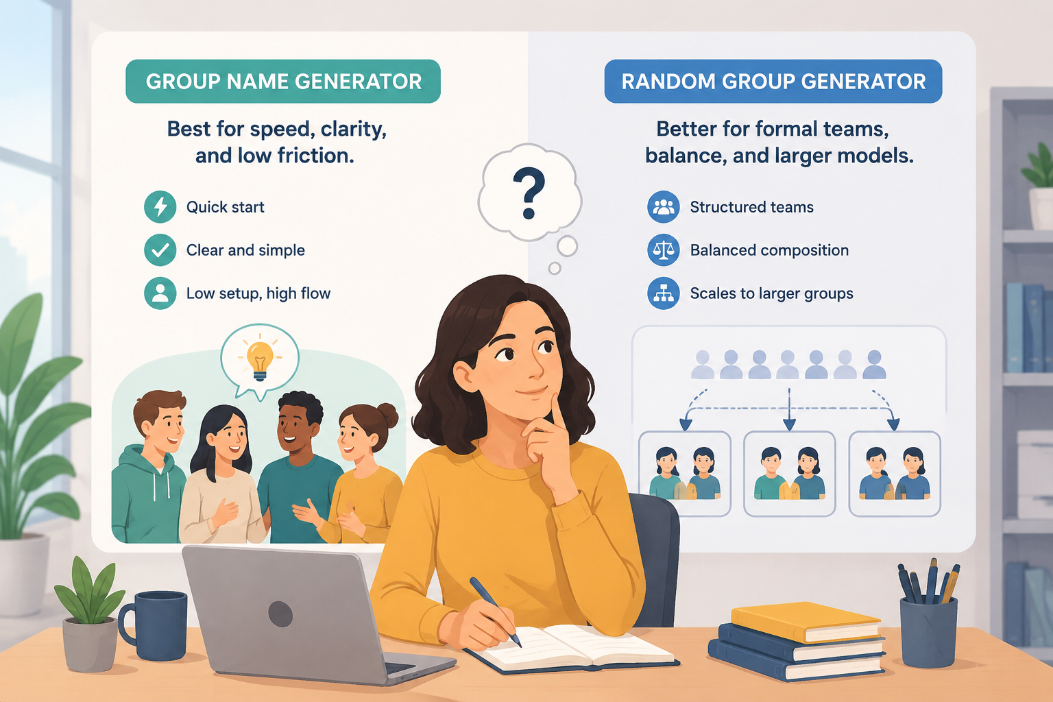 editorial article hero illustration about Start by judging the naming context. Section context: Group Name Generator is strongest when the task depends on speed, clarity, and a low-friction setup. It removes the logistics step so the activity can begin immedia