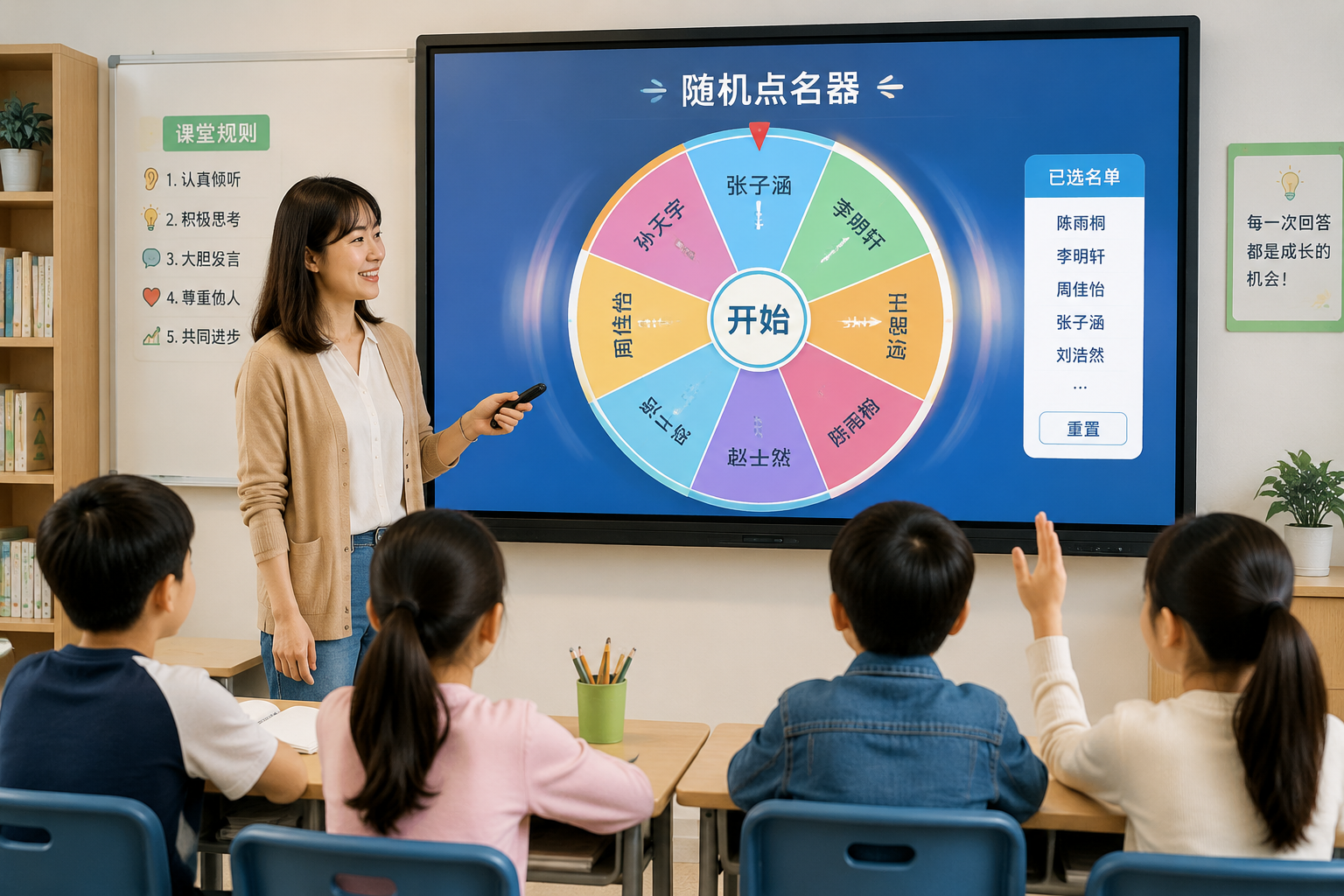 Teacher smiling at a digital random picker wheel displayed on a classroom screen, with student names spinning.