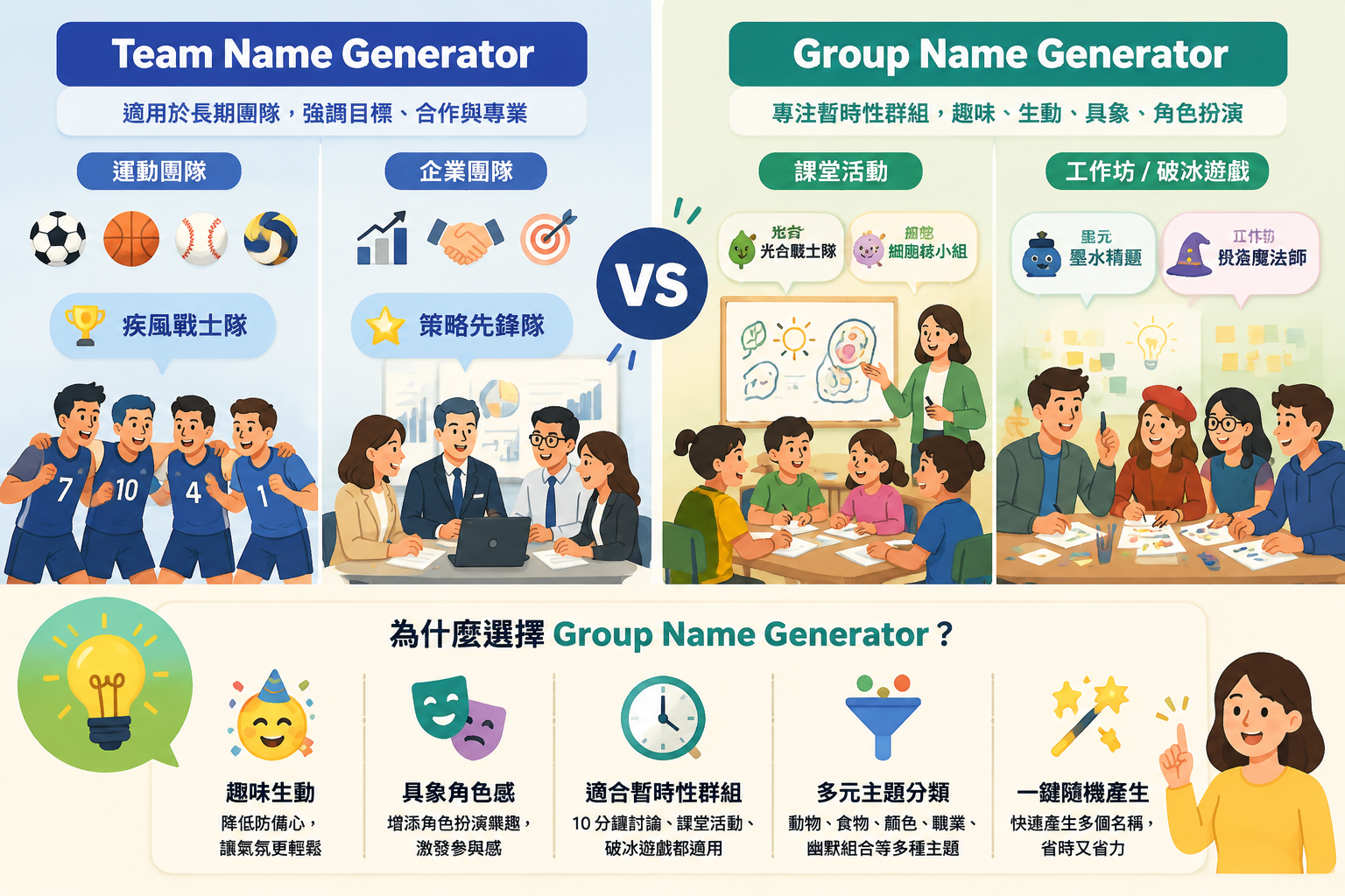 A split comparison chart with playful icons, left side labeled Team Name Generator showing sports and corporate icons, right side labeled Group Name Generator with classroom and workshop icons, highlighting fun and temporary naming.