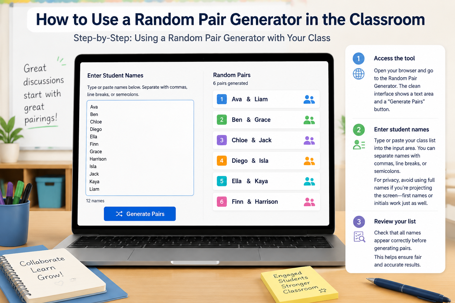 Clean diagram showing a computer screen with a list of student names being entered and a side pane displaying random pairs with numbered pair cards