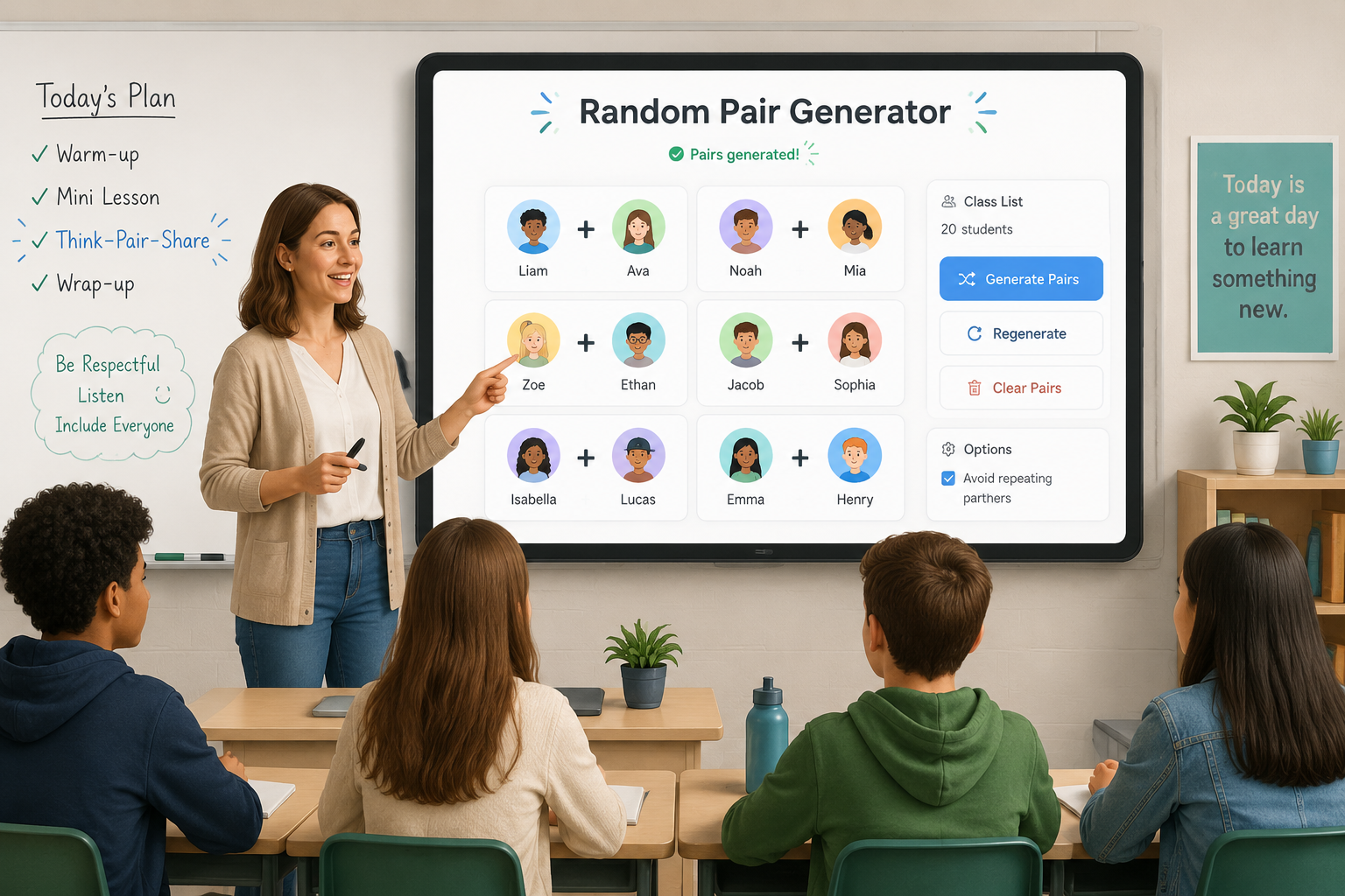 Illustration of a teacher at a whiteboard while a random pair generator screen shows freshly generated student pairs on a tablet or interactive display