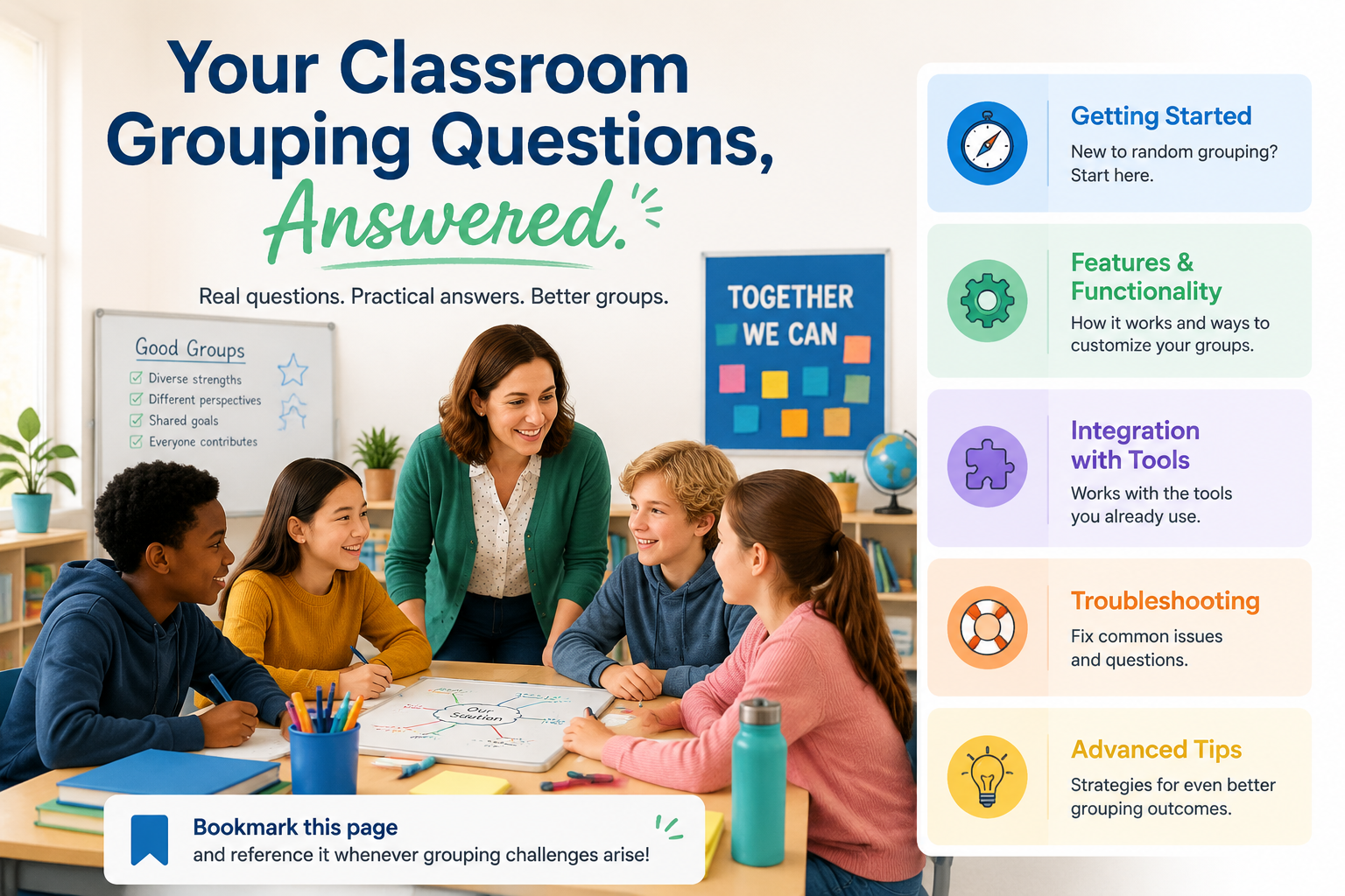 editorial article hero illustration about Your Classroom Grouping Questions, Answered. Section context: After helping 10,000+ teachers create 1.2 million+ balanced student groups, we've heard every question imaginable about random group generation. From 'Is it