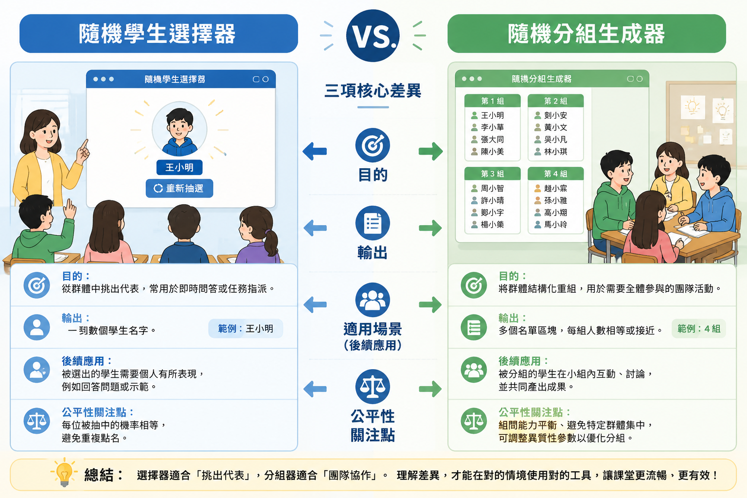 一張簡潔的資訊圖表，左側顯示「隨機學生選擇器」的圖示及挑選單一學生的情境；右側顯示「隨機分組生成器」的圖示及列表分為多組的畫面；中間箭頭標示三項核心差異：目的、輸出、適用場景。