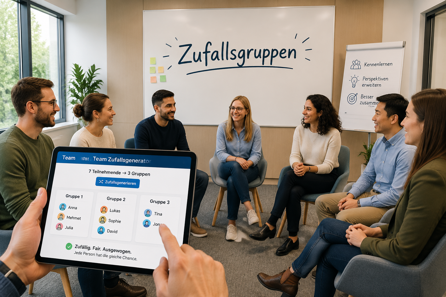 Grafik einer Workshop-Szene im Konferenzraum, sieben Personen sitzen im Kreis, auf einem Whiteboard ist die Aufschrift "Zufallsgruppen" zu sehen, eine Hand hält ein Tablet mit der Benutzeroberfläche des Team-Zufallsgenerators, freundliche Unternehmensumgebung