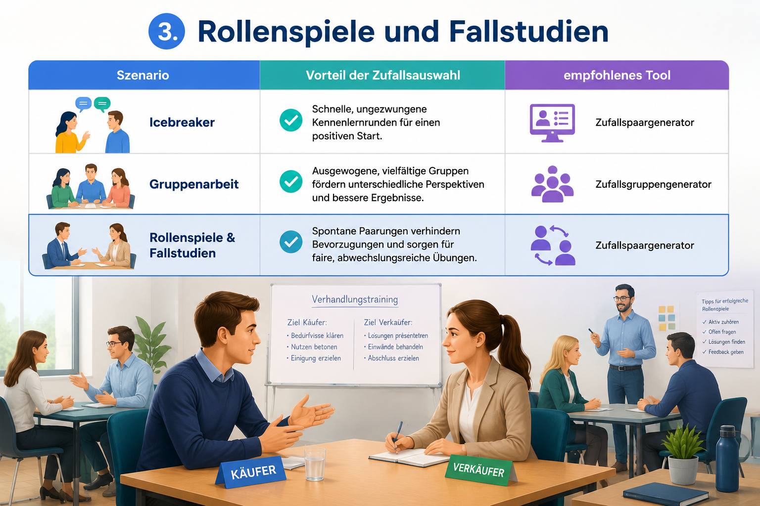 Übersichtliche Tabelle mit drei Spalten: Szenario, Vorteil der Zufallsauswahl, empfohlenes Tool. Links von Icebreaker bis Gruppenarbeit, klare Designsprache, keine Logos