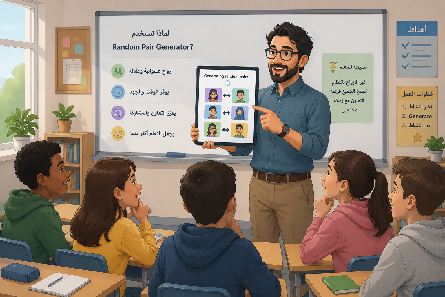 An illustration of a teacher at the front of a classroom, holding a tablet that displays colorful avatar pairs being generated randomly. Students look engaged and curious, with no brand marks.