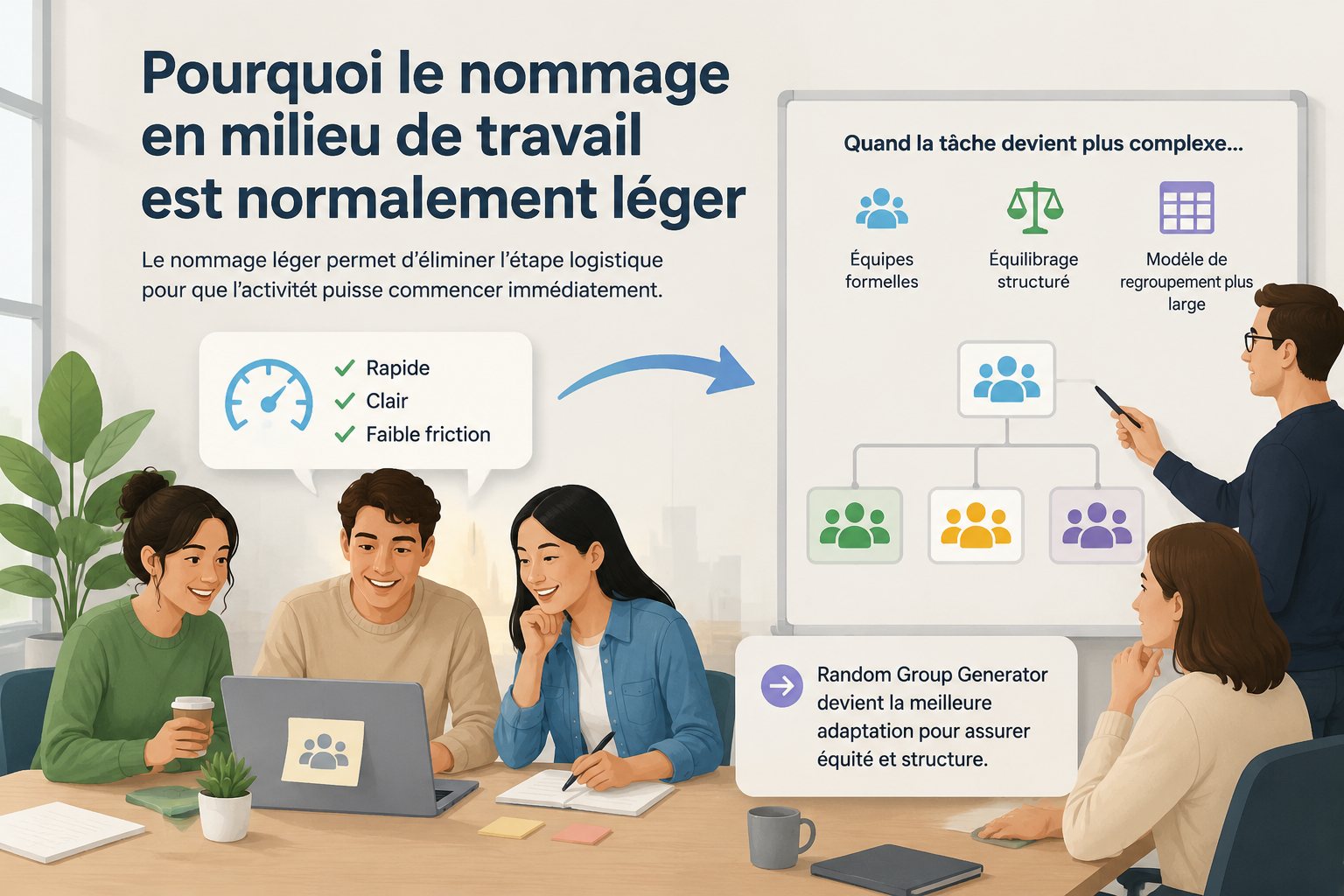 editorial article hero illustration about Pourquoi le nommage en milieu de travail est normalement léger. Section context: Group Name Generator est le plus fort quand la tâche dépend de la vitesse, de la clarté et d’une configuration à faible friction. Il élim