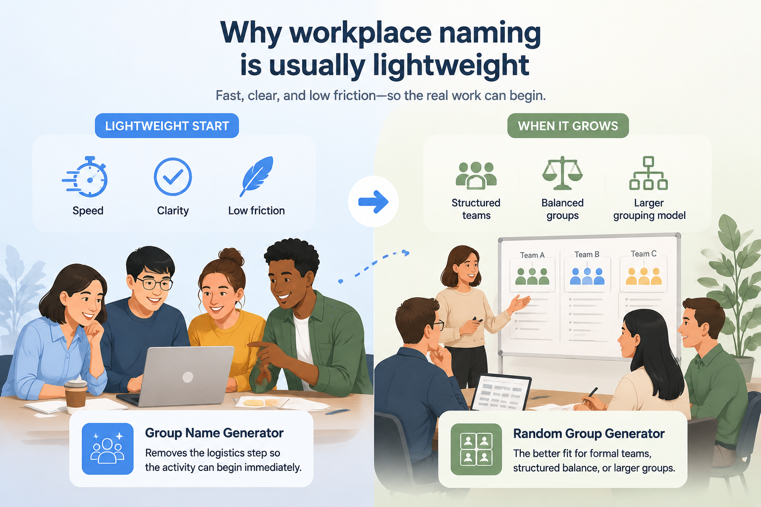 editorial article hero illustration about Why workplace naming is usually lightweight. Section context: Group Name Generator is strongest when the task depends on speed, clarity, and a low-friction setup. It removes the logistics step so the activity can begin