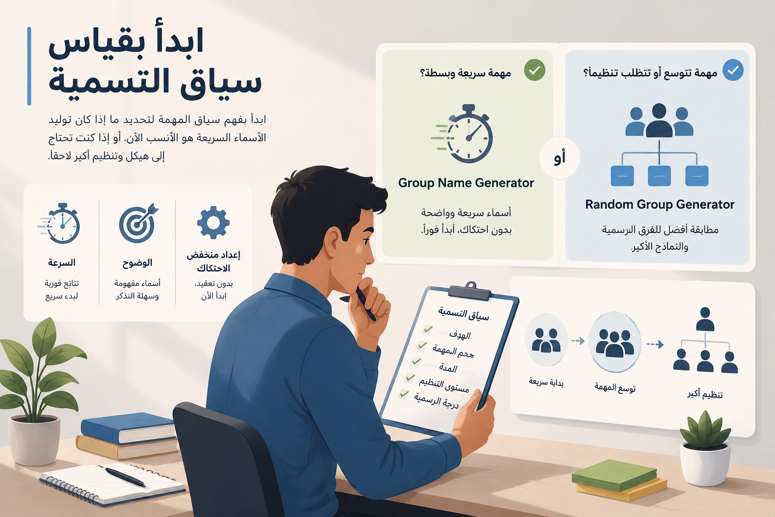 editorial article hero illustration about ابدأ بقياس سياق التسمية. Section context: يكون Group Name Generator أقوى عندما تعتمد المهمة على السرعة، والوضوح، والإعداد منخفض الاحتكاك. فهو يزيل خطوة الإمدادات حتى يمكن للنشاط أن يبدأ على الفور. بمجرد أن تتوسع المهمة