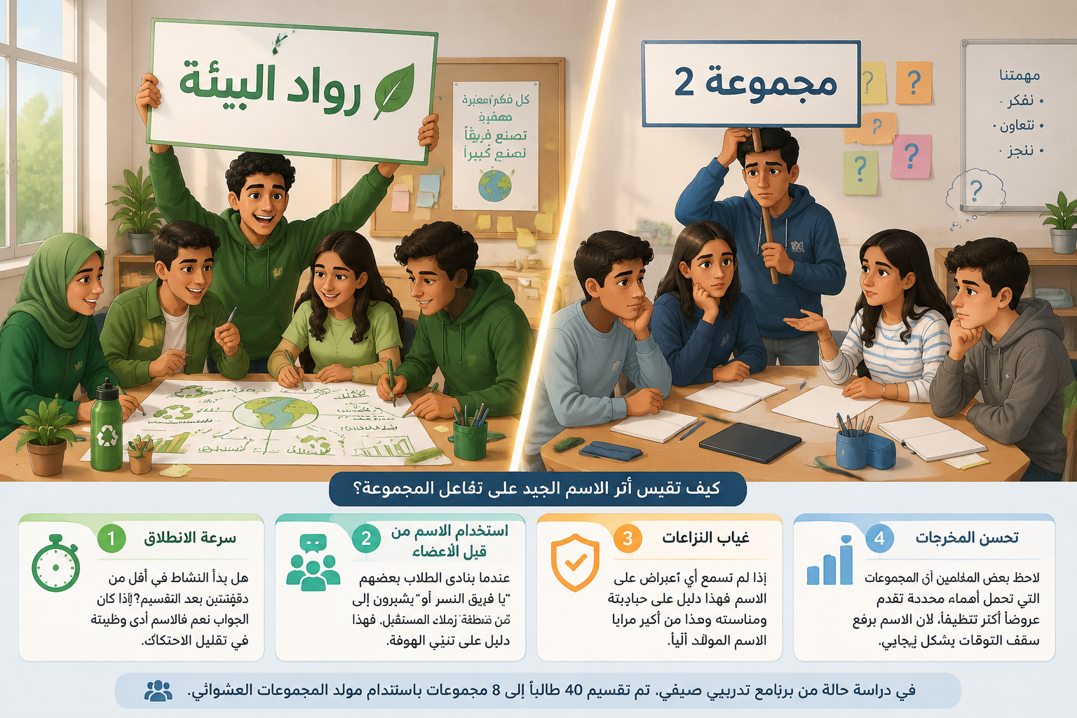 رسم توضيحي لمجموعتين متجاورتين: إحداهما ترفع لافتة مكتوب عليها 'رواد البيئة' ويعمل أعضاؤها بنشاط، والأخرى تحمل لافتة 'مجموعة 2' ويبدو عليها التردد