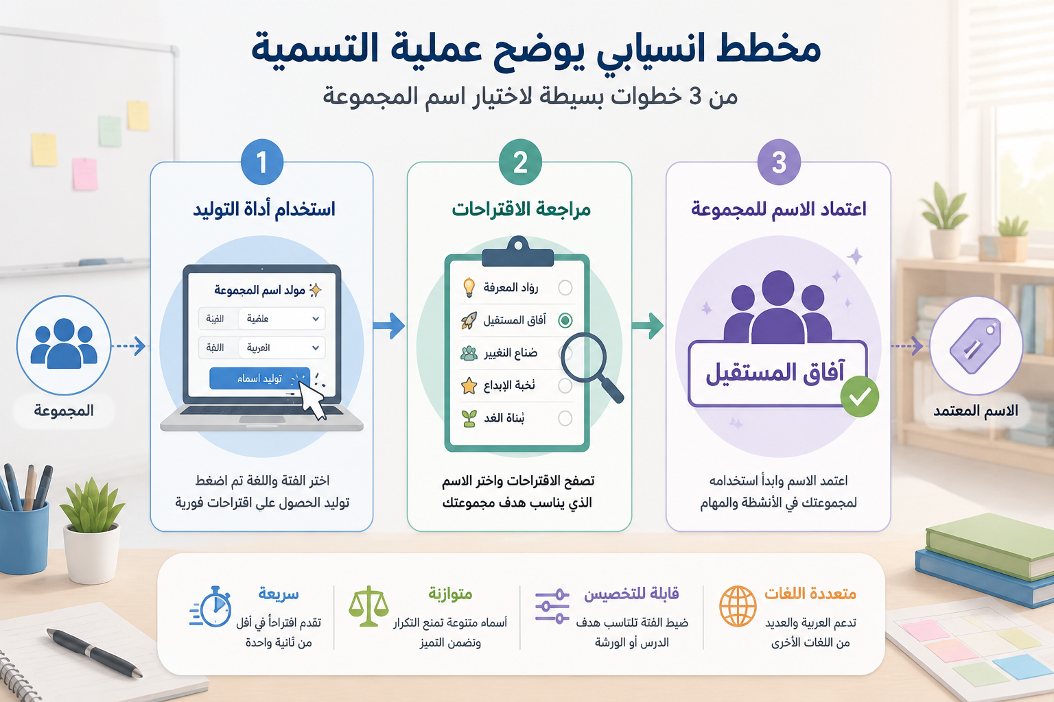 مخطط انسيابي يوضح عملية التسمية من 3 خطوات: 1) استخدام أداة التوليد، 2) مراجعة الاقتراحات، 3) اعتماد الاسم للمجموعة مع أيقونات للمجموعات والأسماء