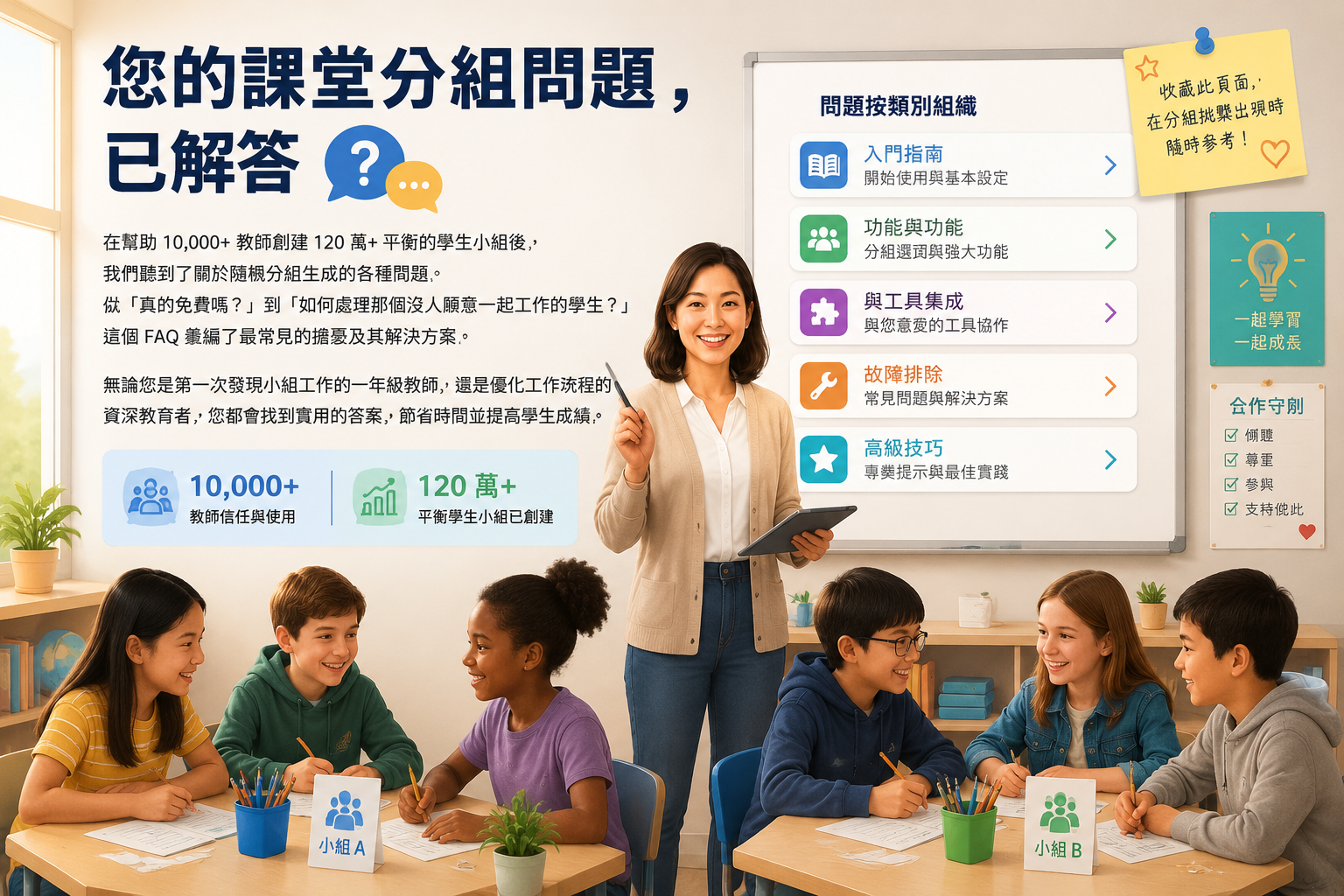 editorial article hero illustration about 您的課堂分組問題，已解答. Section context: 在幫助10,000+教師創建120萬+平衡的學生小組後，我們聽到了關於隨機分組生成的各種問題。從'真的免費嗎？'到'如何處理那個沒人願意一起工作的學生？'，這個FAQ彙編了最常見的擔憂及其解決方案。 無論您是第一次發現小組工作的一年級教師，還是優化工作流程的資深教育者，您都會找到實用的答案，節省時間並提高學生成績。問題按類別組織：入門指南、功能與功能、與工具集成、故障排除