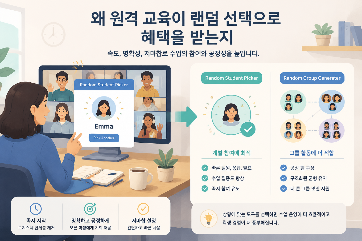editorial article hero illustration about 왜 원격 교육이 랜덤 선택으로 혜택을 받는지. Section context: Random Student Picker는 작업이 속도, 명확성, 저마찰 설정에 의존할 때 가장 강력합니다. 로지스틱 단계를 제거하여 활동을 즉시 시작할 수 있게 합니다. 작업이 공식 팀, 구조화된 균형, 또는 더 큰 그룹 모델로 확장되면 Random Group Generator가 더 적합한 도구가 됩니다., lo