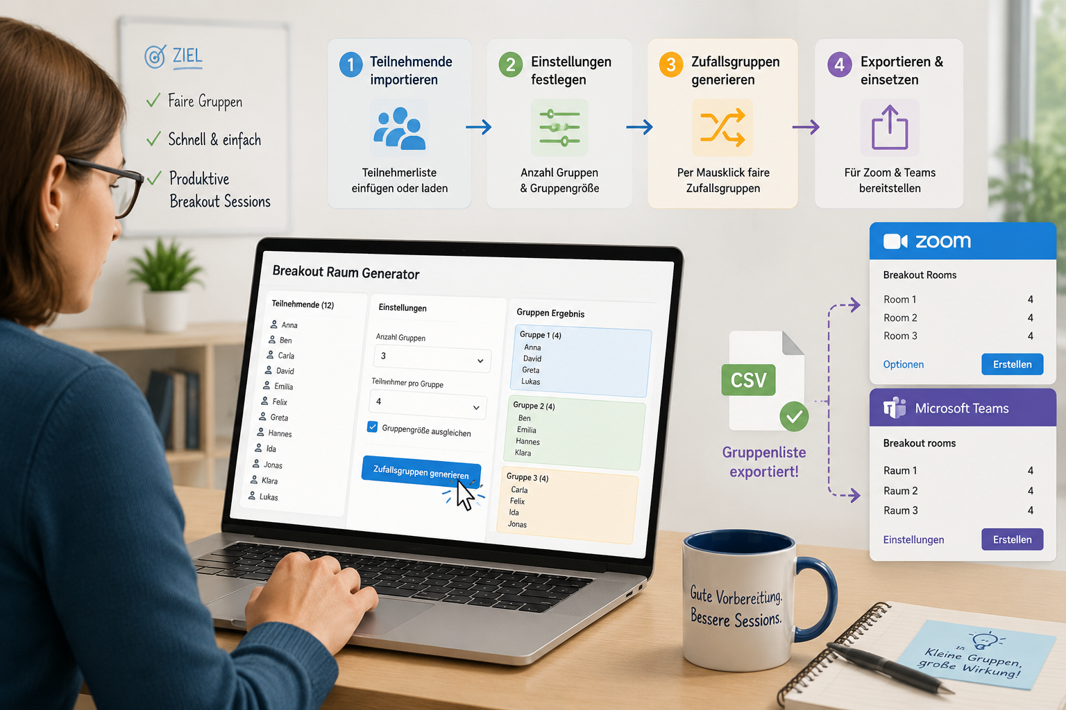Clean diagram showing a teacher preparing breakout room groups on a laptop, with Zoom and Teams interfaces open and a random group list being exported as a file.