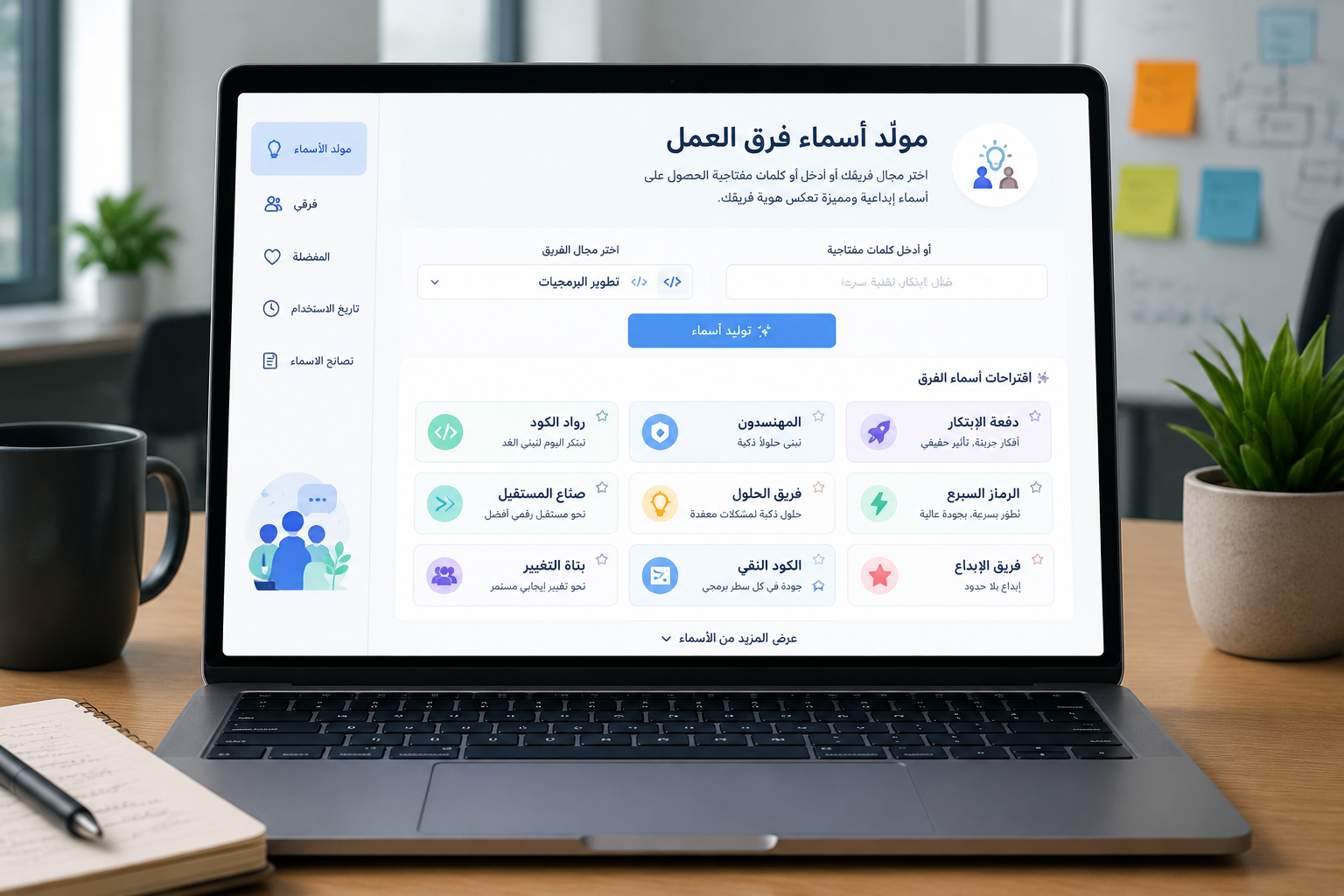 واجهة رقمية تعرض مولّد أسماء فرق العمل مع قائمة اقتراحات إبداعية على شاشة حاسوب حديث