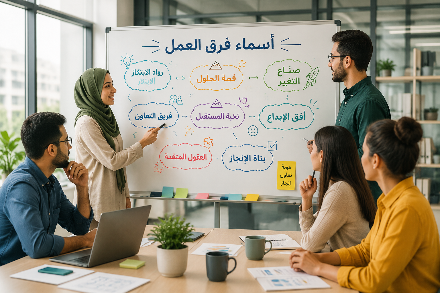 مجموعة من الموظفين في مكتب حديث يناقشون أفكارًا على لوحة بيضاء مع كلمات إبداعية تمثل أسماء فرق العمل