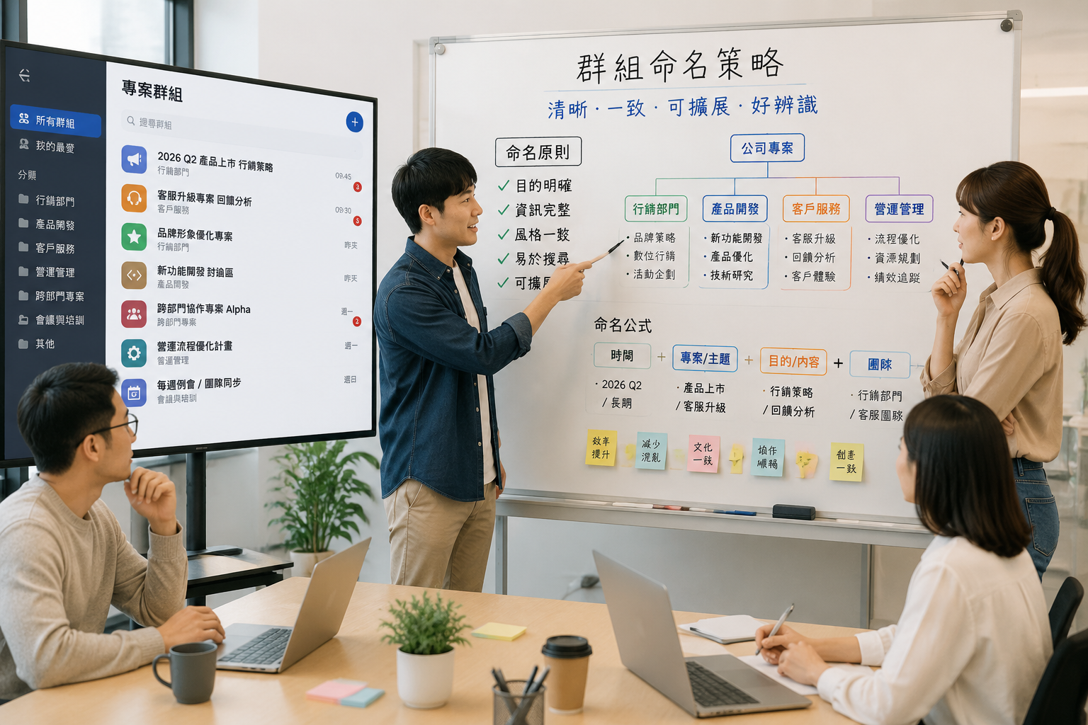 現代辦公室團隊在白板前討論群組命名策略，螢幕顯示多個專案聊天群組列表與分類結構