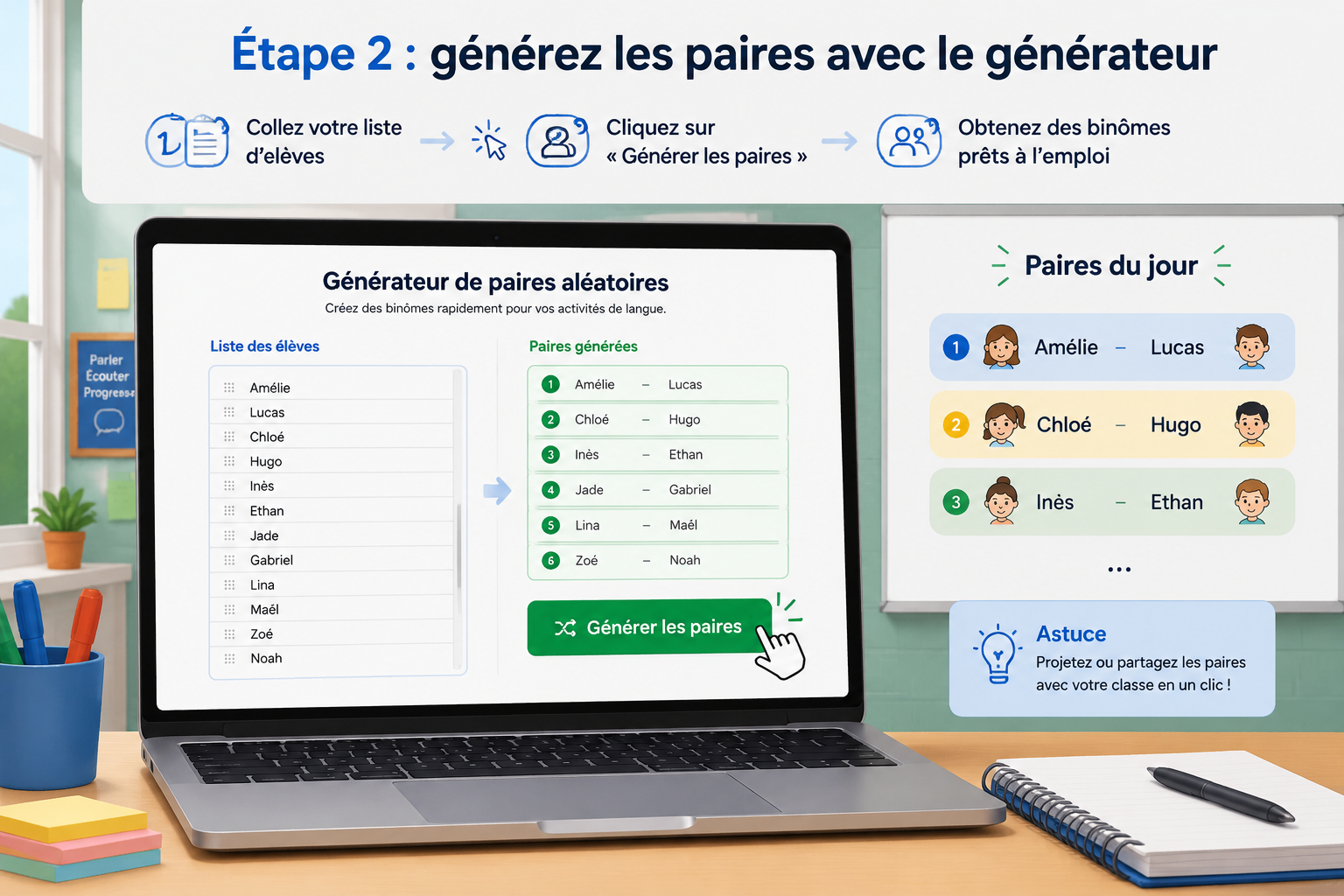 capture conceptuelle d’un générateur de paires en ligne montrant une liste d’élèves et le bouton 'Générer les paires', interface épurée et colorée