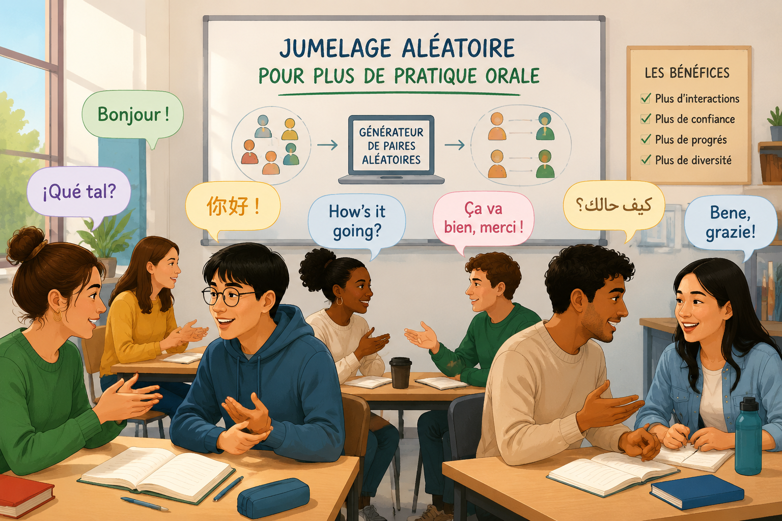 illustration de paires d’étudiants en conversation animée dans une salle de classe, avec des bulles de dialogue multilingues