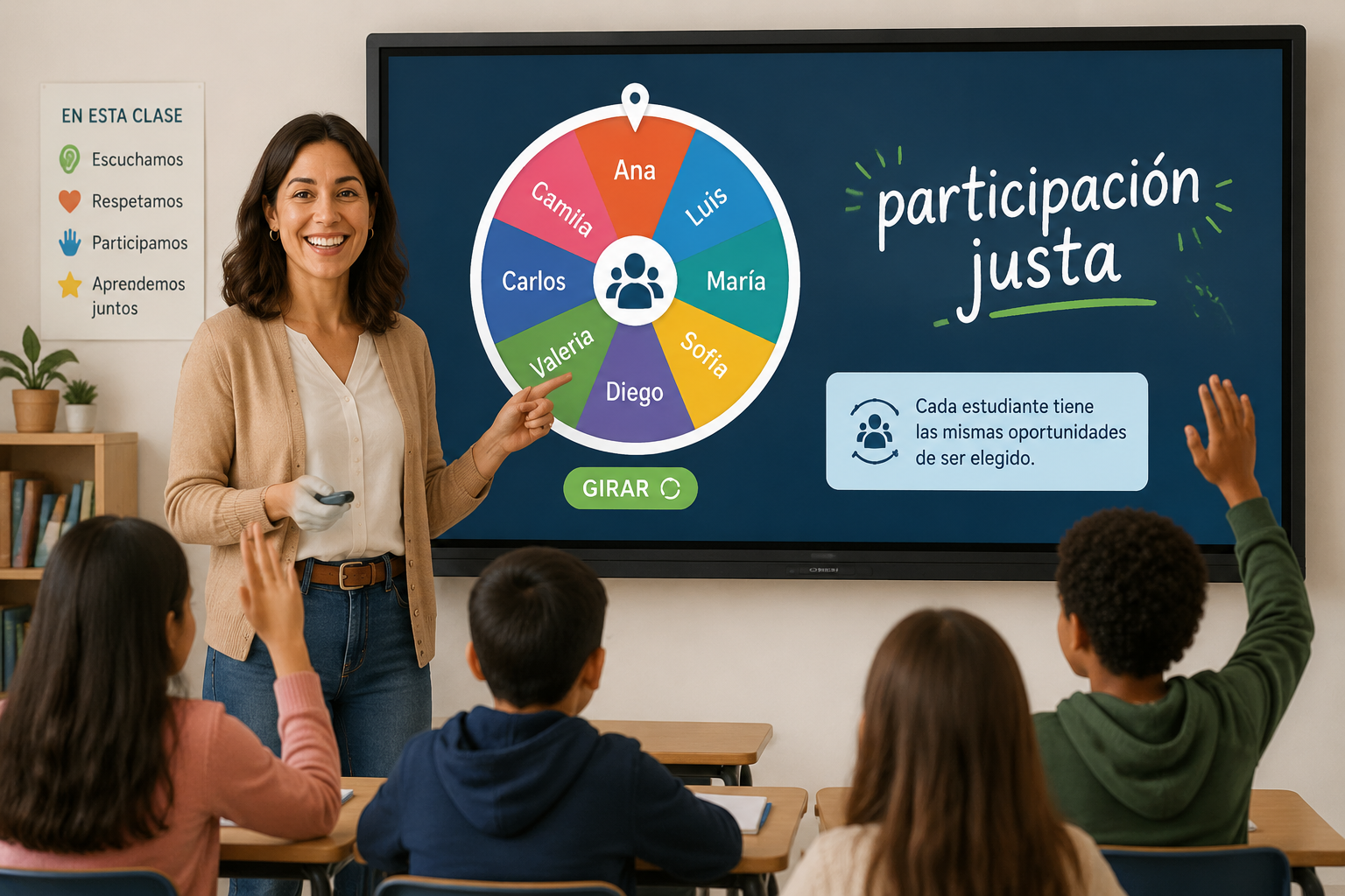 ilustración de una profesora sonriente frente a una pizarra digital que muestra una ruleta con nombres de estudiantes y la frase "participación justa"