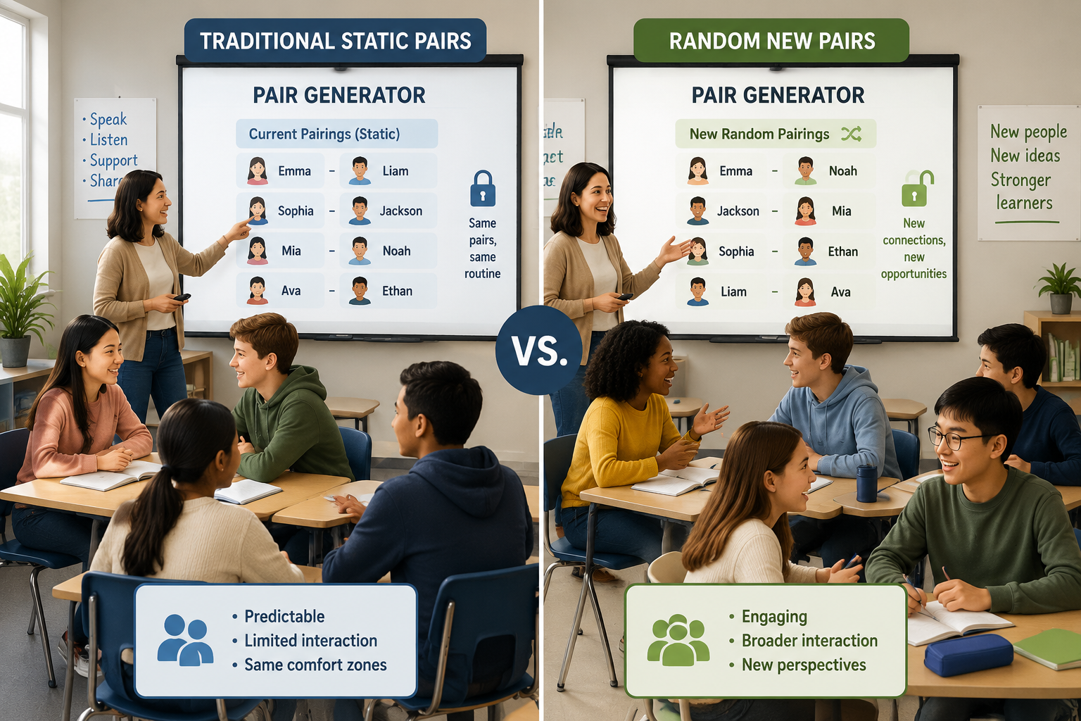 A split illustration showing a classroom scene where a teacher projects a digital random pair generator on a screen, and students look on with curiosity. One half of the image shows a traditional static pair, the other a random new pairing, highlighting the contrast.