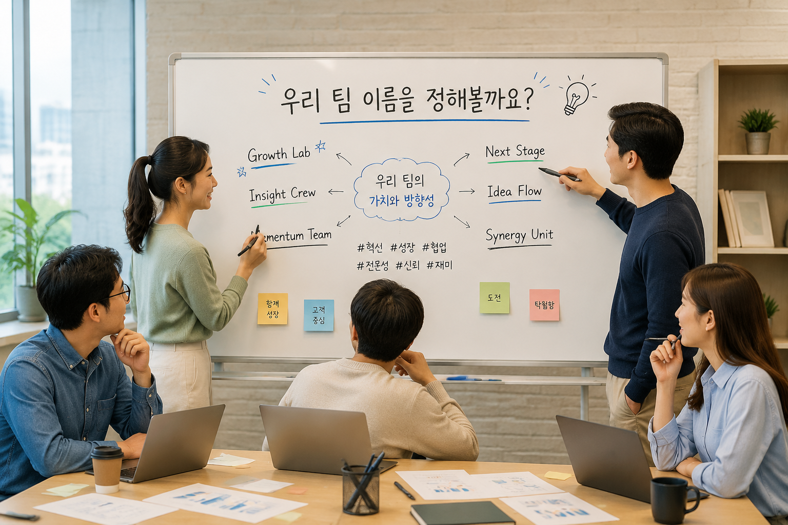 다양한 직장 팀이 화이트보드 앞에서 브레인스토밍하며 팀 이름을 적어보는 장면