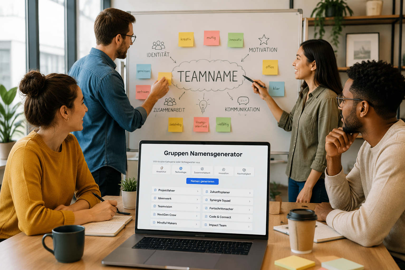 Modern office team brainstorming around a whiteboard with sticky notes and digital group name generator on a laptop screen