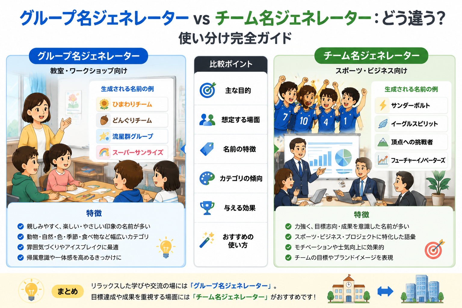 グループ名ジェネレーターとチーム名ジェネレーターの違いを示す図解。左に教室やワークショップ向けのグループ名、右にスポーツやビジネス向けのチーム名、中央に比較ポイントが並ぶ。