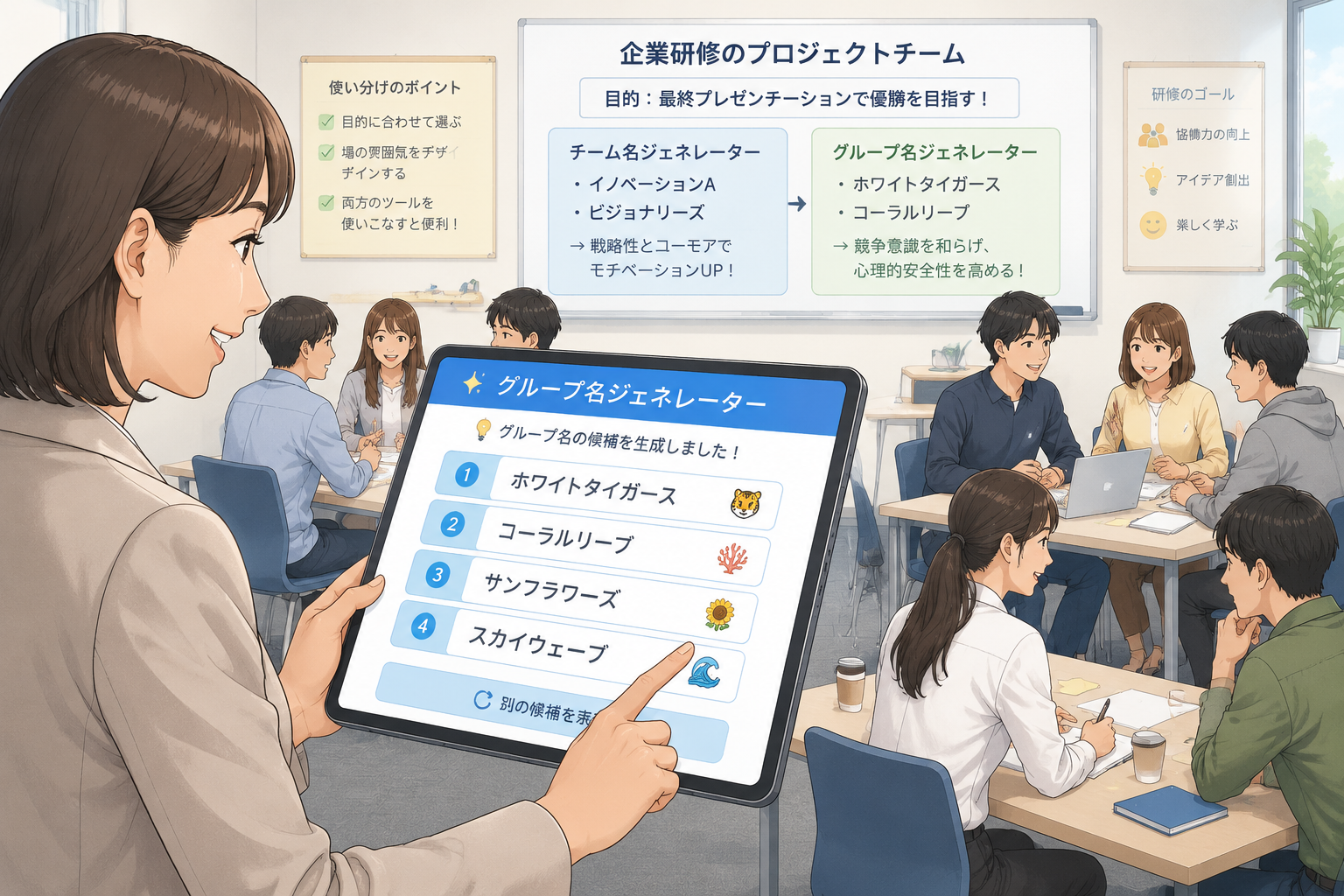 教師がタブレット画面でグループ名ジェネレーターを操作し、4つのグループ名候補が表示されているイラスト。教室の机の配置が背景に描かれている。
