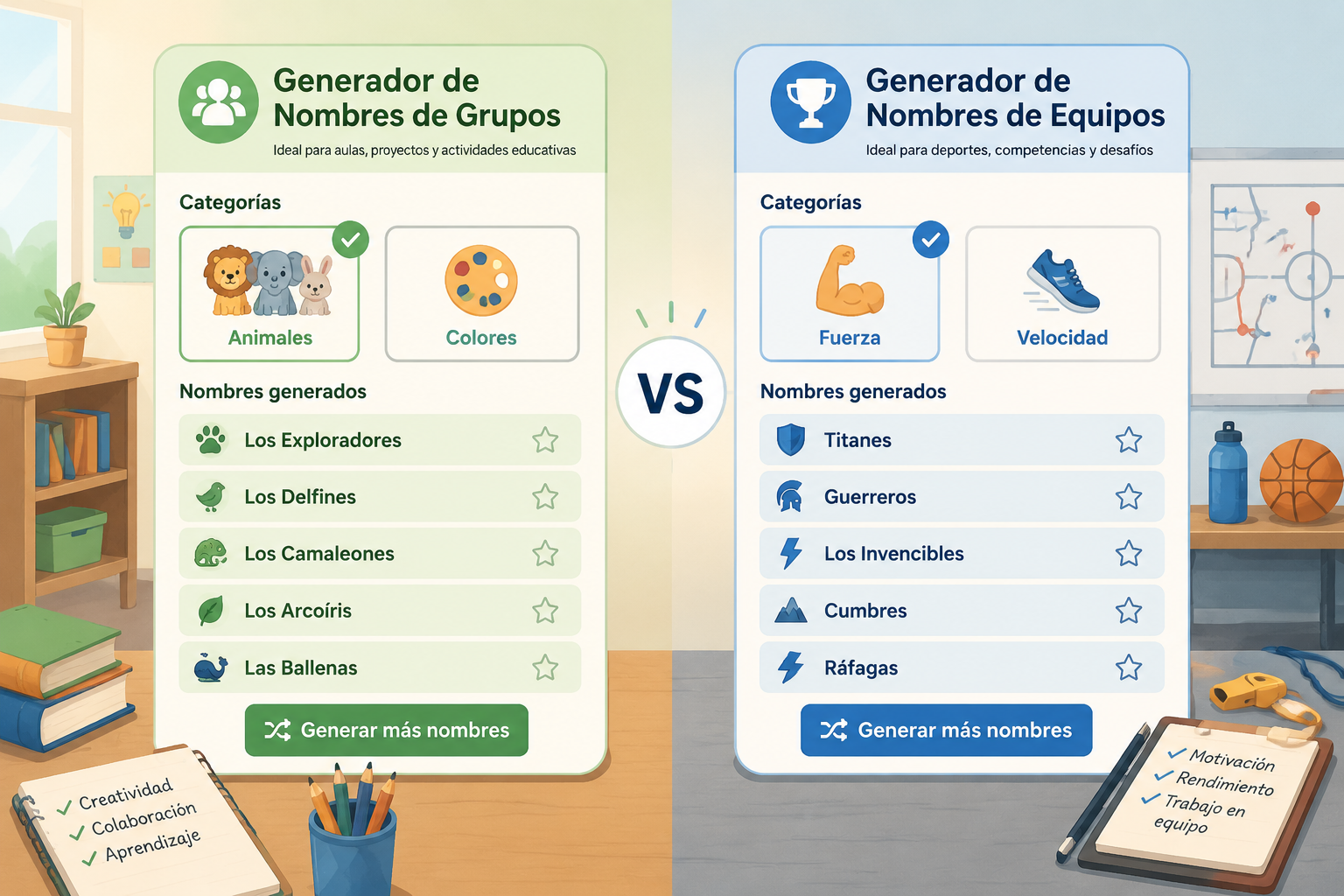 Comparación visual de dos interfaces: a la izquierda un panel de generador de nombres de grupos con categorías educativas (animales, colores), a la derecha un generador de nombres de equipos con opciones deportivas (fuerza, velocidad). Colores suaves, estilo limpio e ilustrativo.