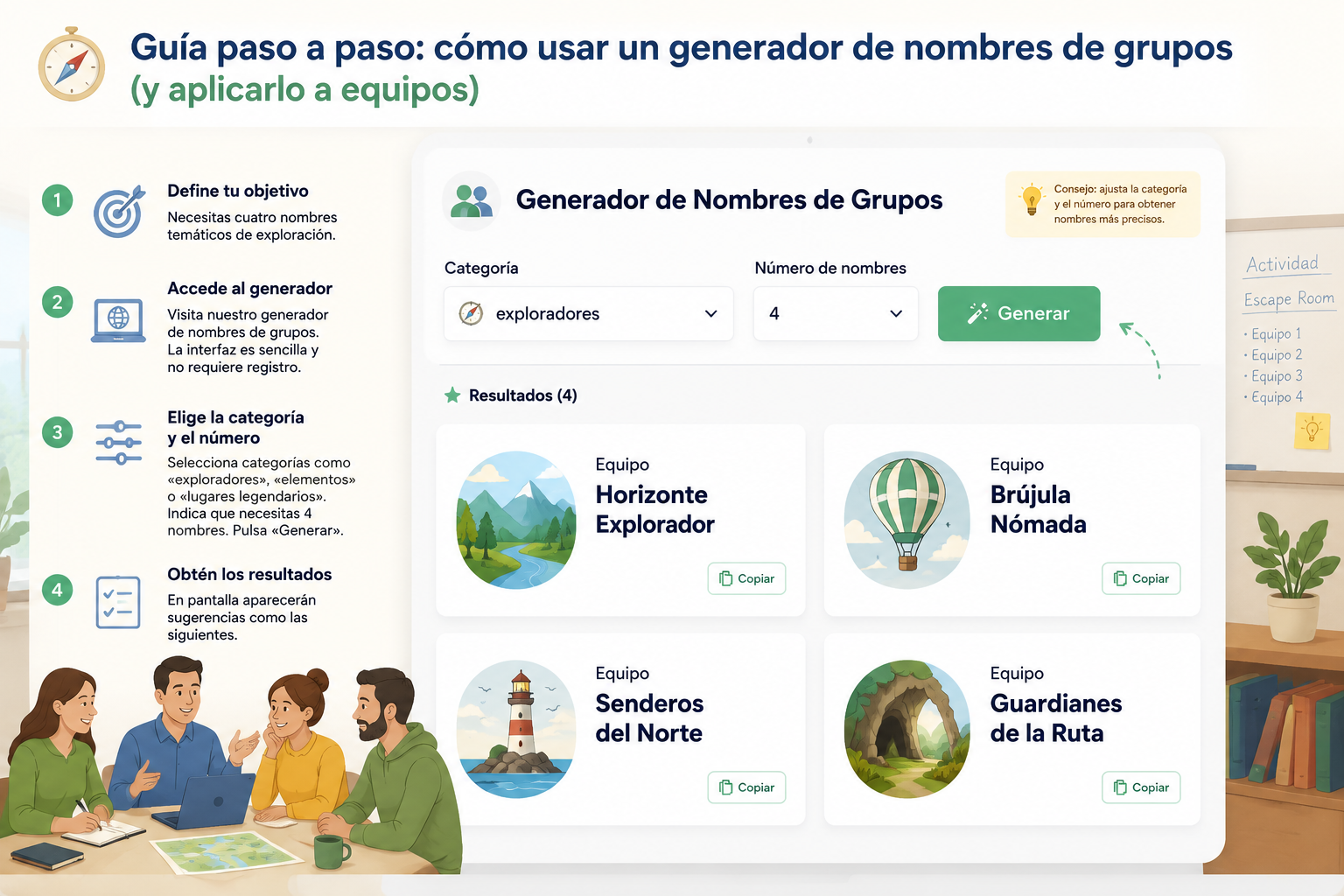 Interfaz limpia del generador de nombres de grupos mostrando cuatro tarjetas de resultado con nombres generados a partir de la categoría 'exploradores'. Diseño con colores suaves y sombras ligeras.