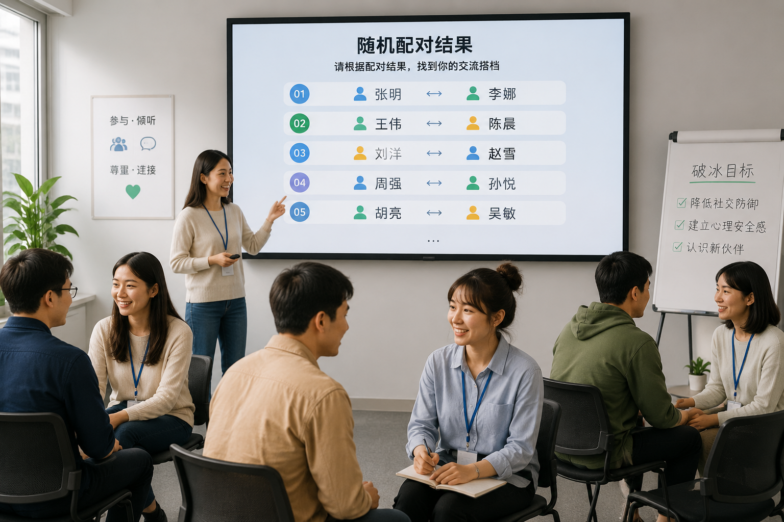 简约办公或教室环境里,大屏幕上显示随机配对结果,参与者围坐,讨论氛围轻松自然