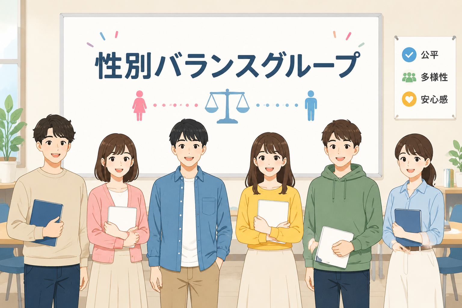 6人のグループで男女が交互に並んだイラスト。中央に「性別バランスグループ」の文字