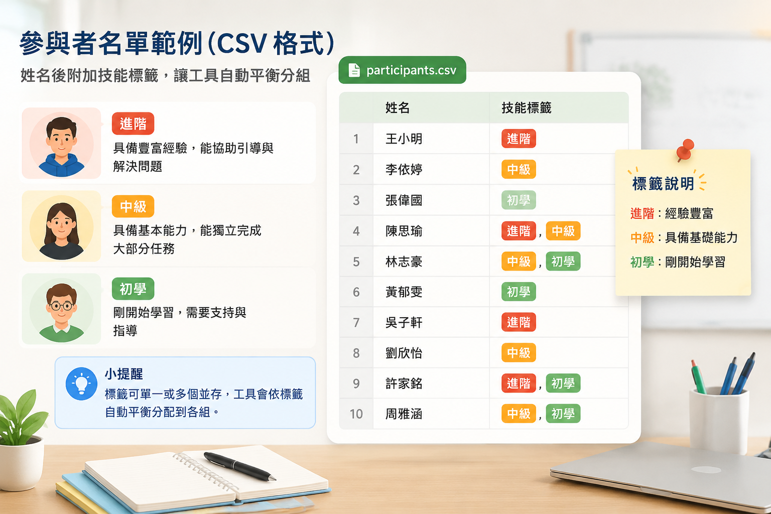 一份含有姓名與技能標籤的參與者名單範例,展示了進階、中級、初學三種屬性,格式為 CSV 並在姓名後附加標籤