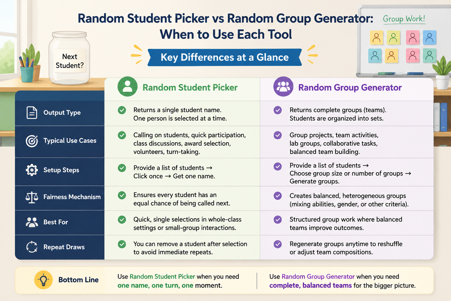 A comparison table infographic showing Random Student Picker vs Random Group Generator across dimensions: output type, typical use cases, setup steps, fairness mechanism, and best for.