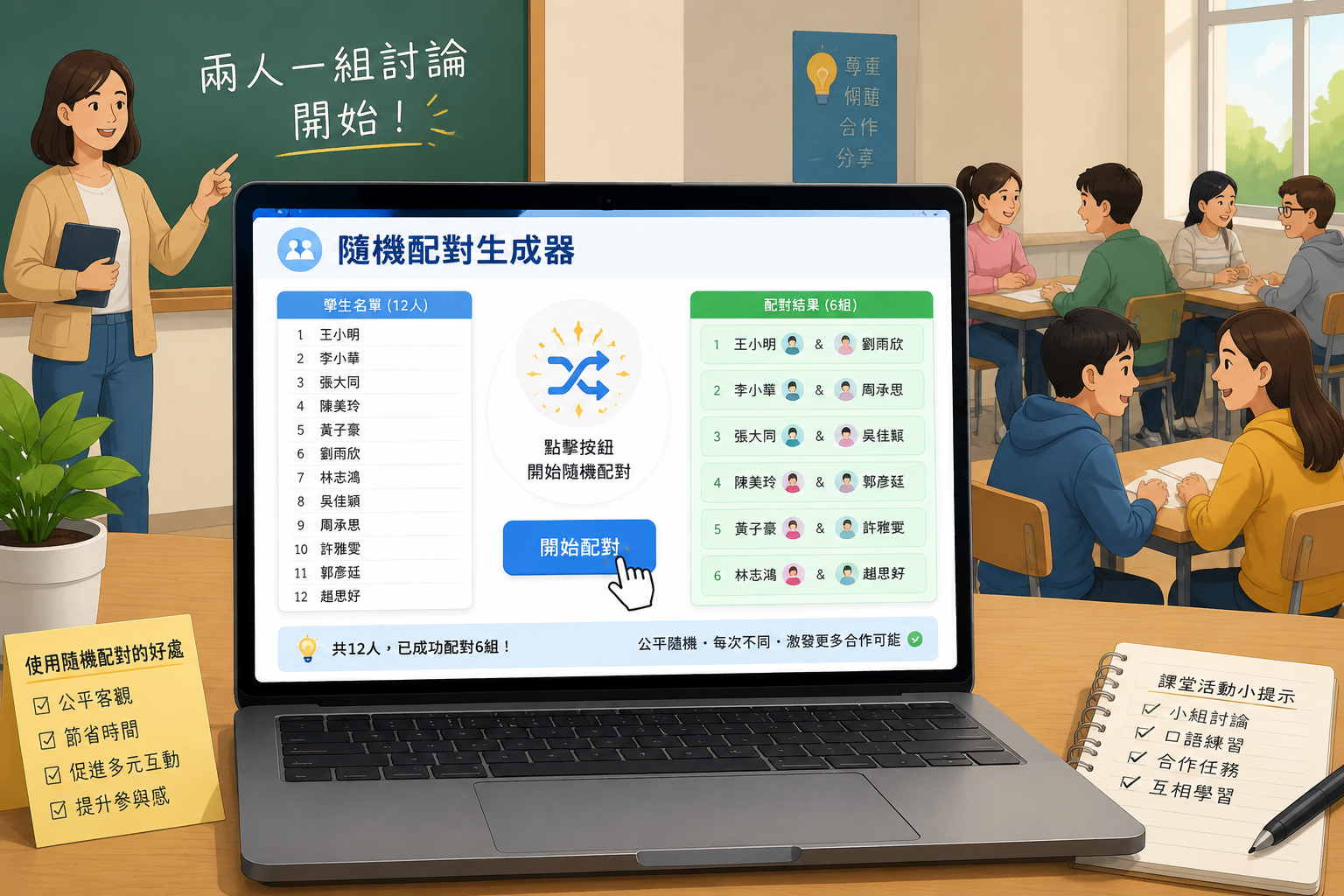 A clean, classroom-friendly illustration of a laptop screen showing a random pair generator interface, splitting a visible list of student names into highlighted pairs with a single click.