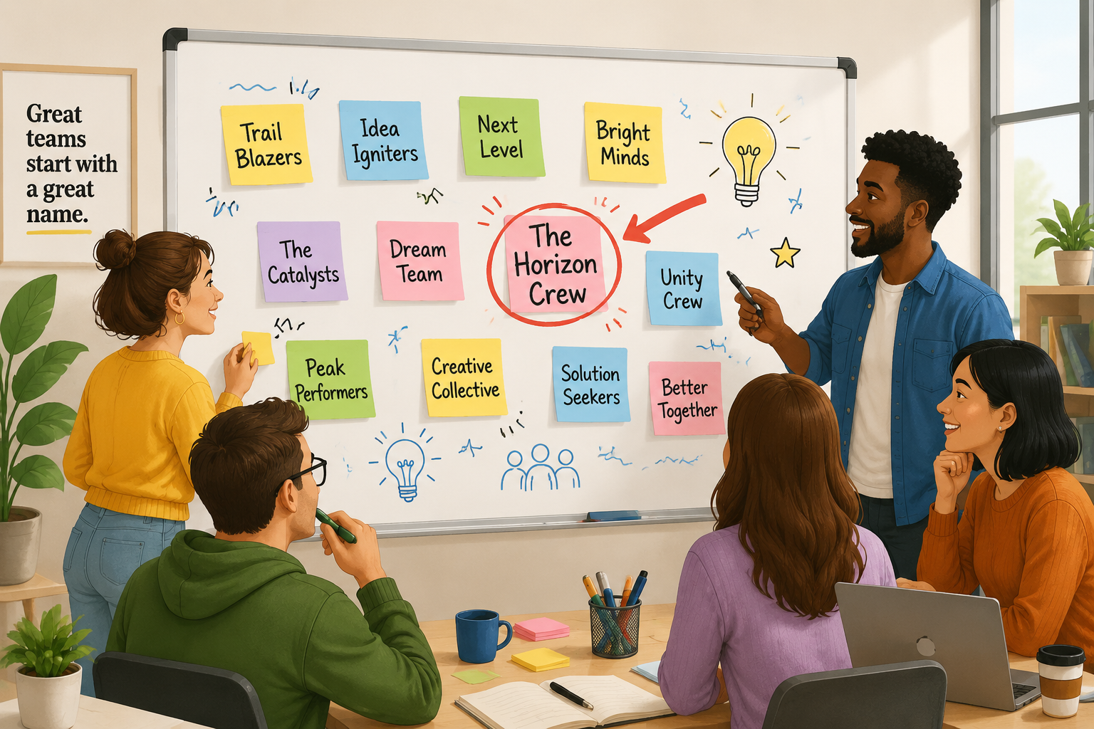 A bright illustration of a group of people around a whiteboard covered in colourful sticky notes with potential group names, symbols of brainstorming, lightbulbs, and a large arrow pointing to a circled name
