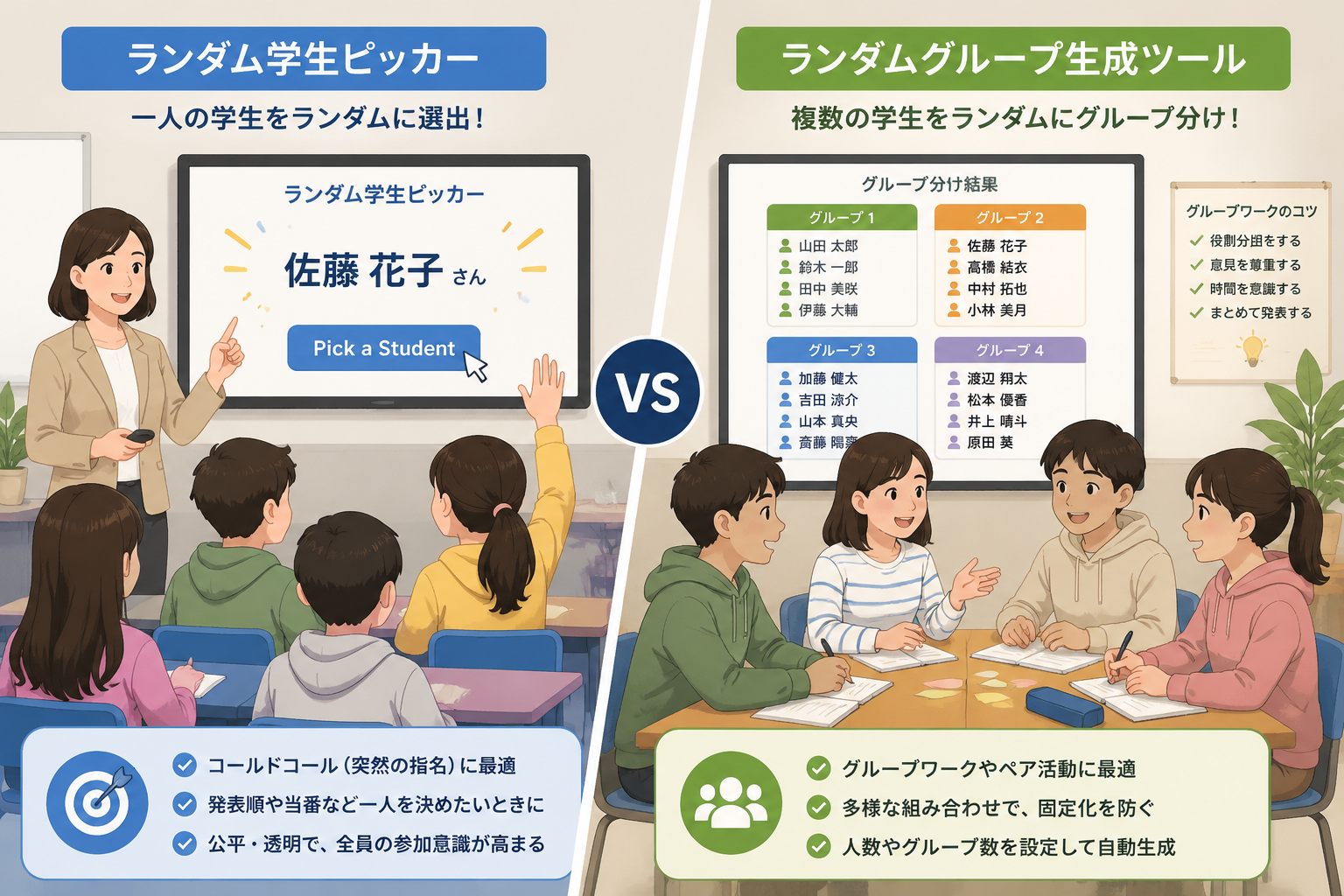 Illustration showing a split scene: left side, a teacher uses a random student picker to select one student raising hand; right side, a group of students huddled around a table, labeled as groups generated by a random group generator. Clean educational style.
