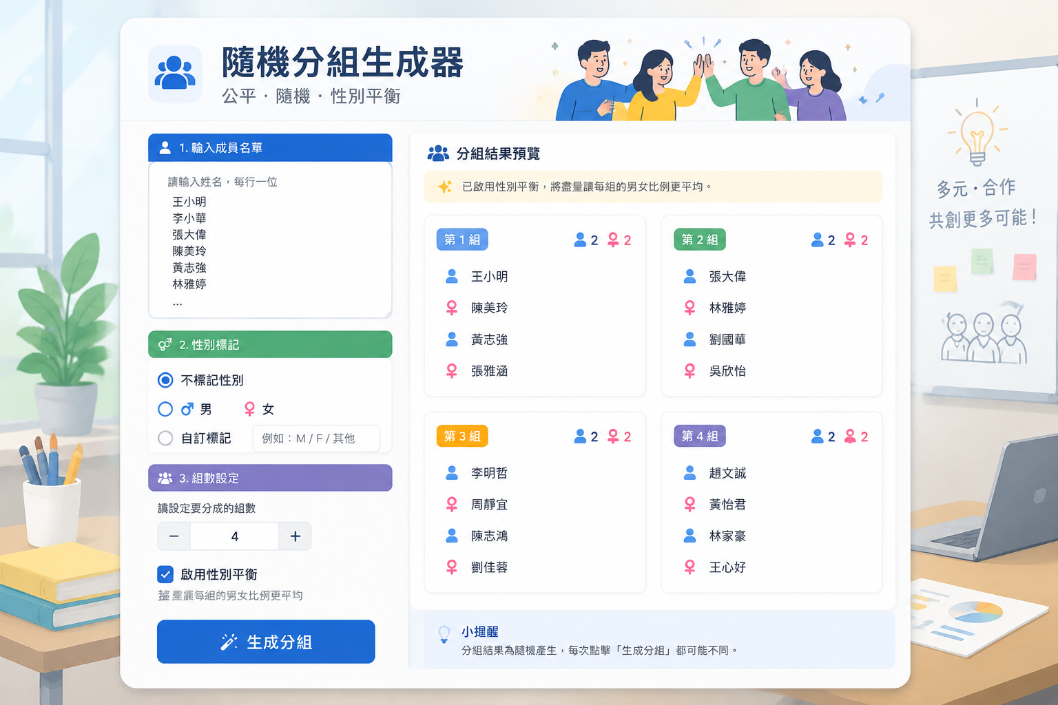 隨機分組生成器介面示意圖。畫面中輸入姓名欄位、性別標記選項、組數設定區塊,以及「啟用性別平衡」勾選框,整體設計簡潔明亮。