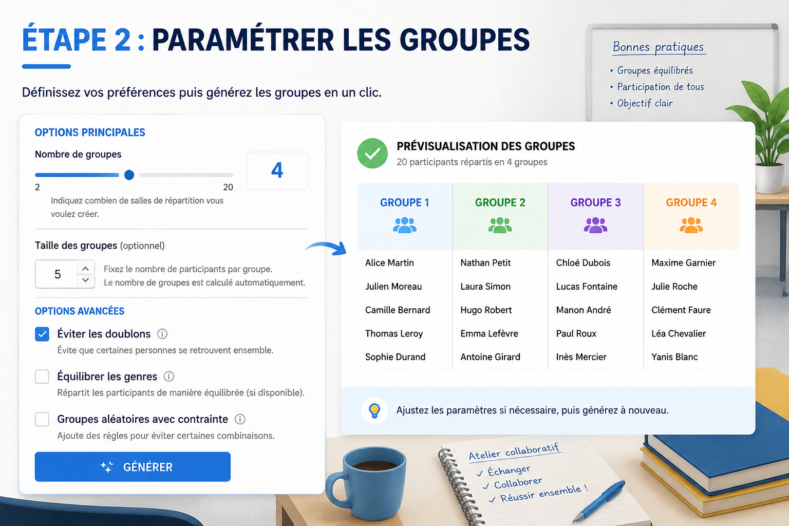 Paramètres du générateur montrant un curseur pour le nombre de groupes, une case à cocher « Éviter les doublons » et un tableau de prévisualisation avec les noms répartis en colonnes