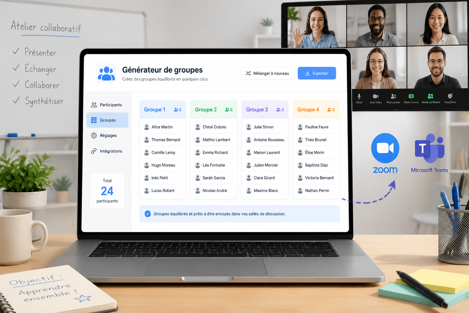 Interface épurée d’un générateur de groupes affichant une liste de noms triés en plusieurs groupes, avec un arrière-plan évoquant une salle de classe virtuelle et les icônes de Zoom et Teams